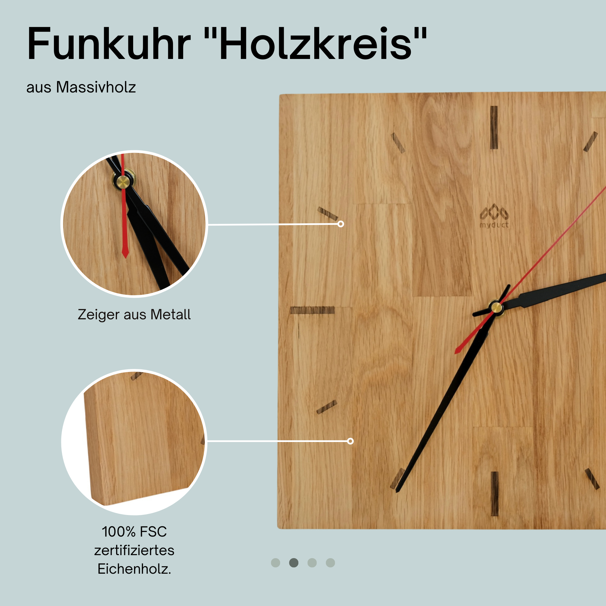 myduct Premium Funk-Wanduhr "Holzkreis" mit Gravur aus Eichenholz Ø 30cm, lautloses Uhrwerk für Wohnzimmer Schlafzimmer Küche
