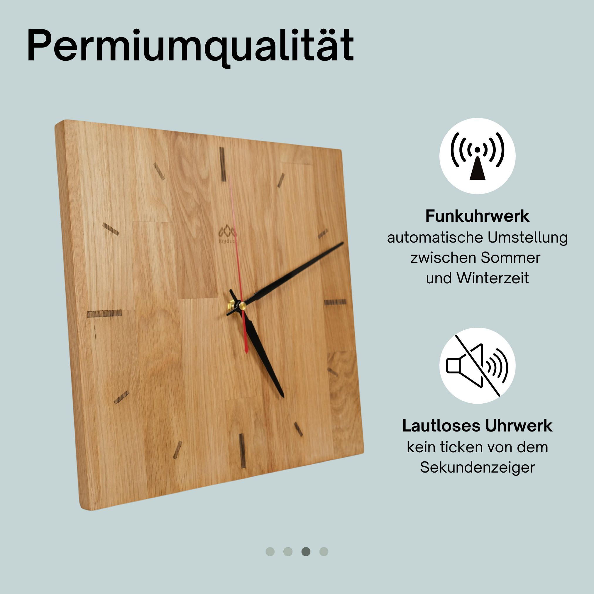 myduct Premium Funk-Wanduhr "Holzkreis" mit Gravur aus Eichenholz Ø 30cm, lautloses Uhrwerk für Wohnzimmer Schlafzimmer Küche