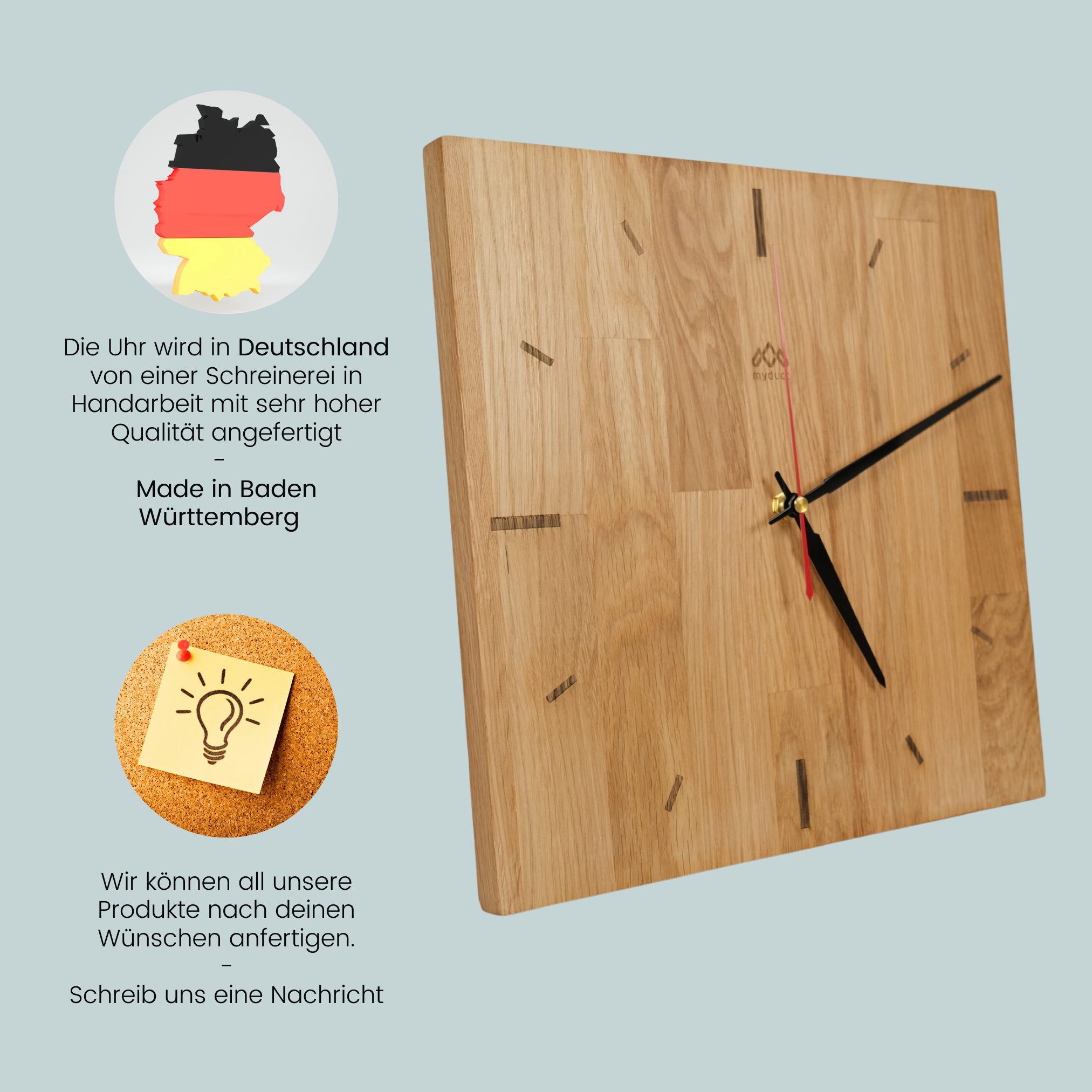 myduct Premium Funk-Wanduhr "Holzkreis" mit Gravur aus Eichenholz Ø 30cm, lautloses Uhrwerk für Wohnzimmer Schlafzimmer Küche