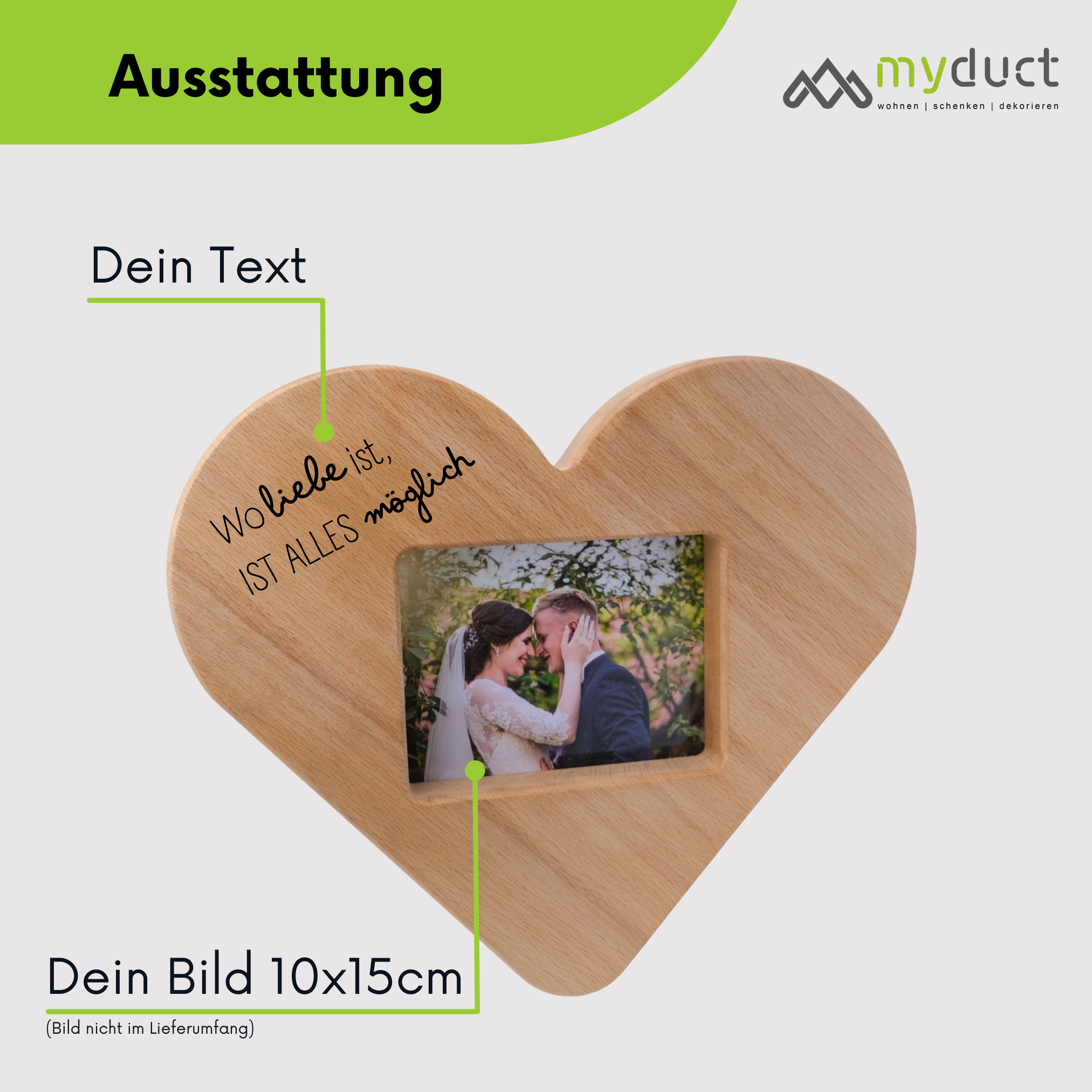 Bilderrahmen in Herzform mit Gravur aus Buchenholz Bild 10x15cm
