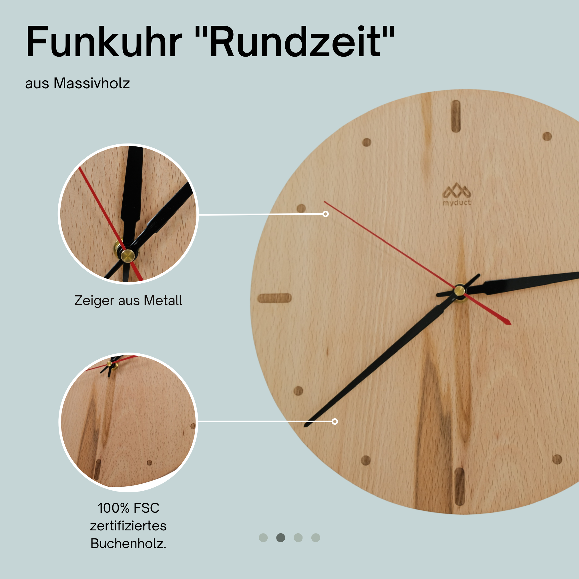 myduct Premium Funk-Wanduhr "Rundzeit" mit Gravur aus Buchenholz Ø 30cm, lautloses Uhrwerk für Wohnzimmer Schlafzimmer Küche