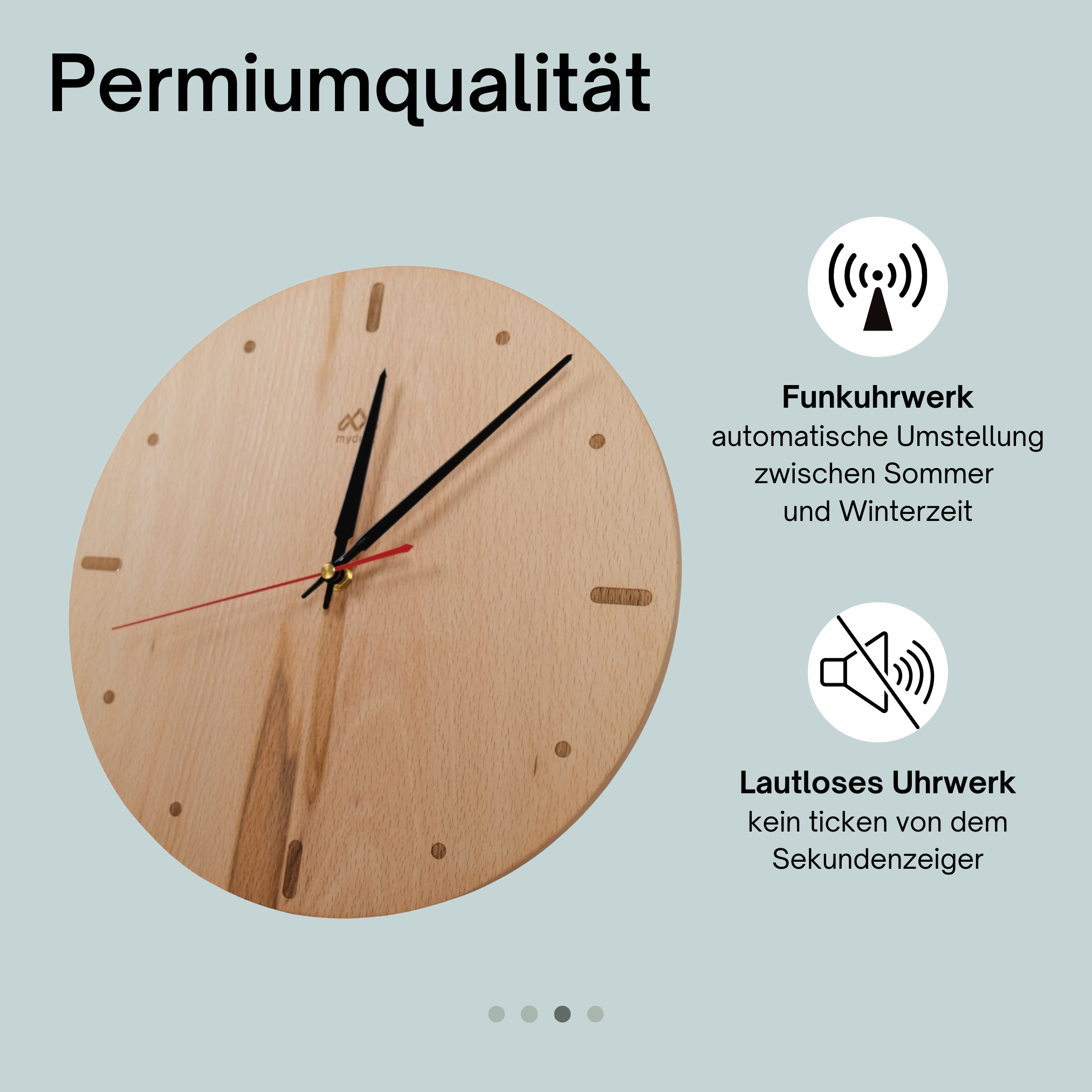 myduct Premium Funk-Wanduhr "Rundzeit" aus Buchenholz Ø 30cm, lautloses Uhrwerk für Wohnzimmer Schlafzimmer Küche