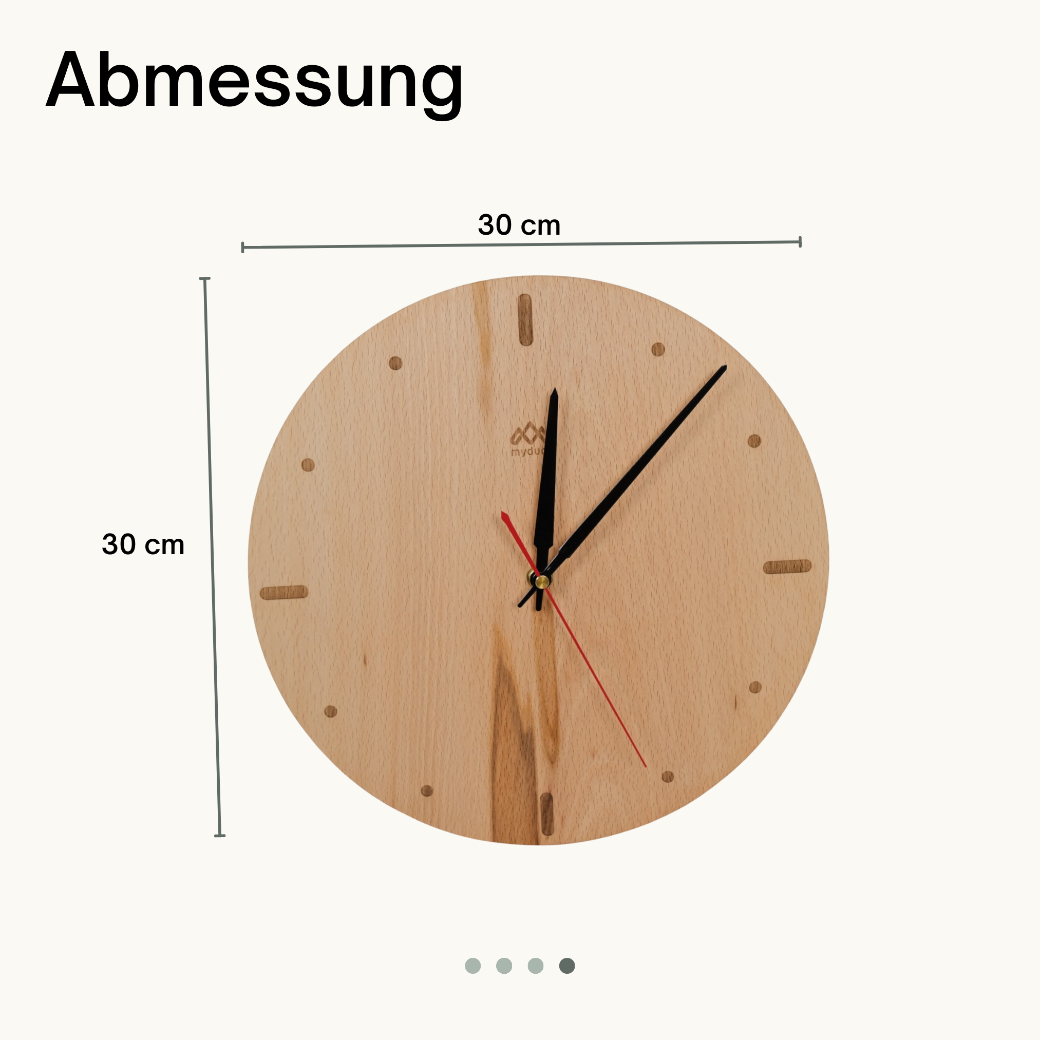 myduct Premium Funk-Wanduhr "Rundzeit" mit Gravur aus Buchenholz Ø 30cm, lautloses Uhrwerk für Wohnzimmer Schlafzimmer Küche