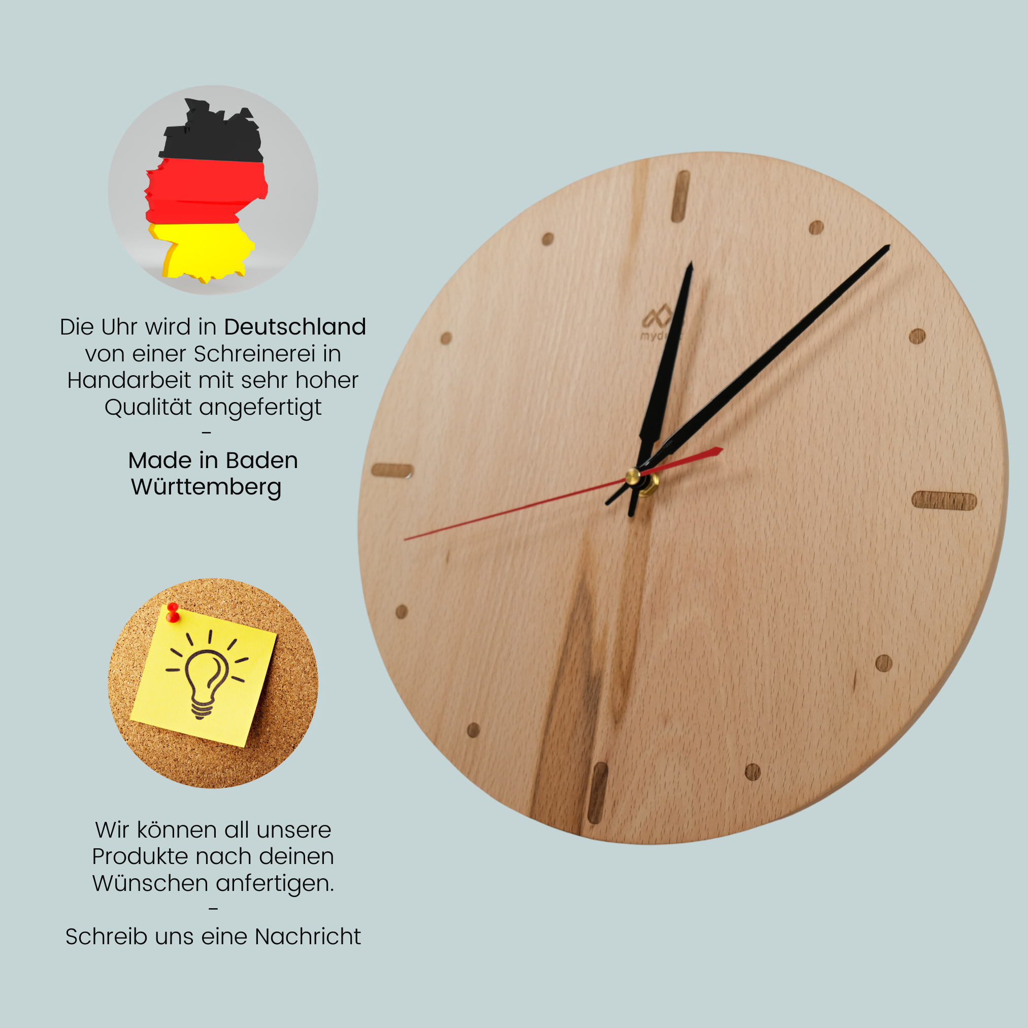 myduct Premium Funk-Wanduhr "Rundzeit" mit Gravur aus Buchenholz Ø 30cm, lautloses Uhrwerk für Wohnzimmer Schlafzimmer Küche