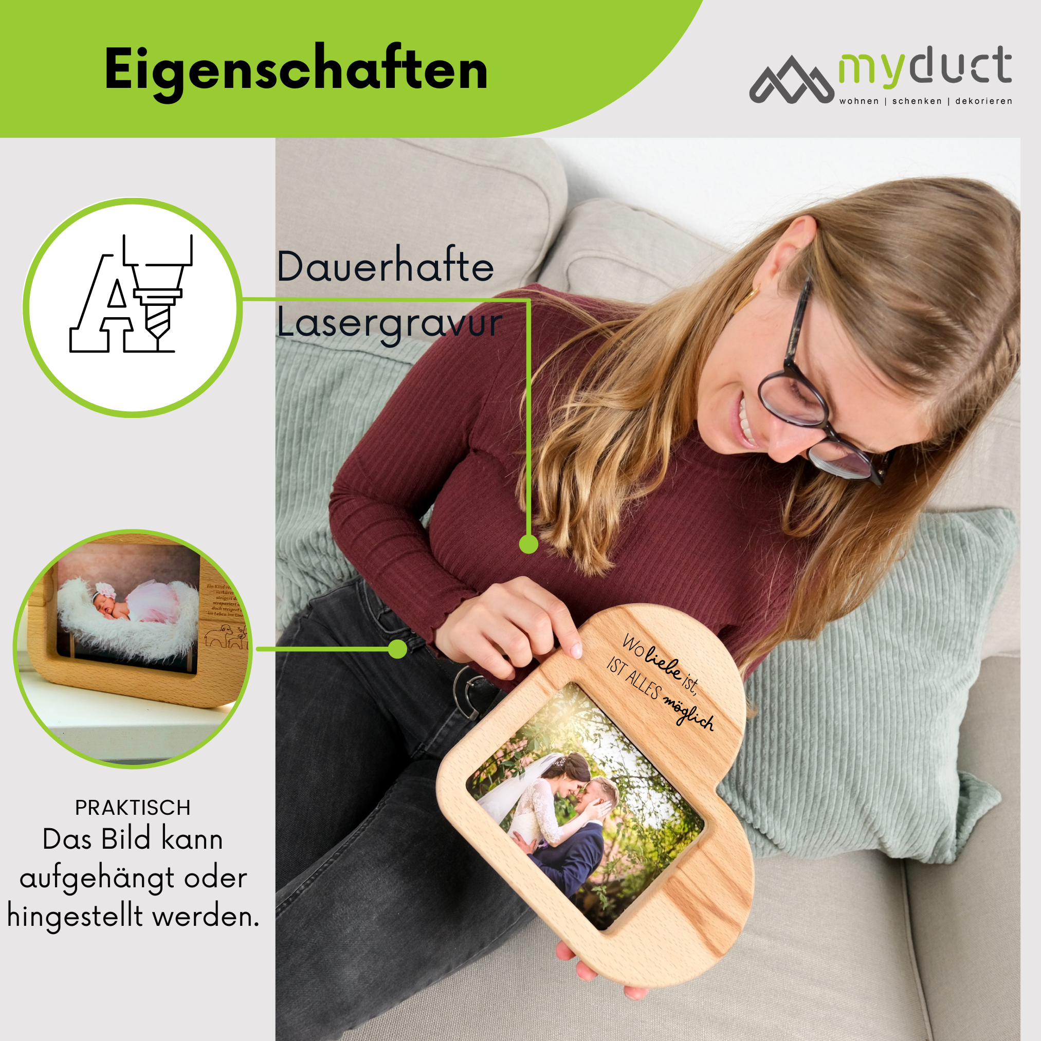 Bilderrahmen in Herzform mit Gravur aus Buchenholz Bild 13x18cm "Hoch- und Querformat"