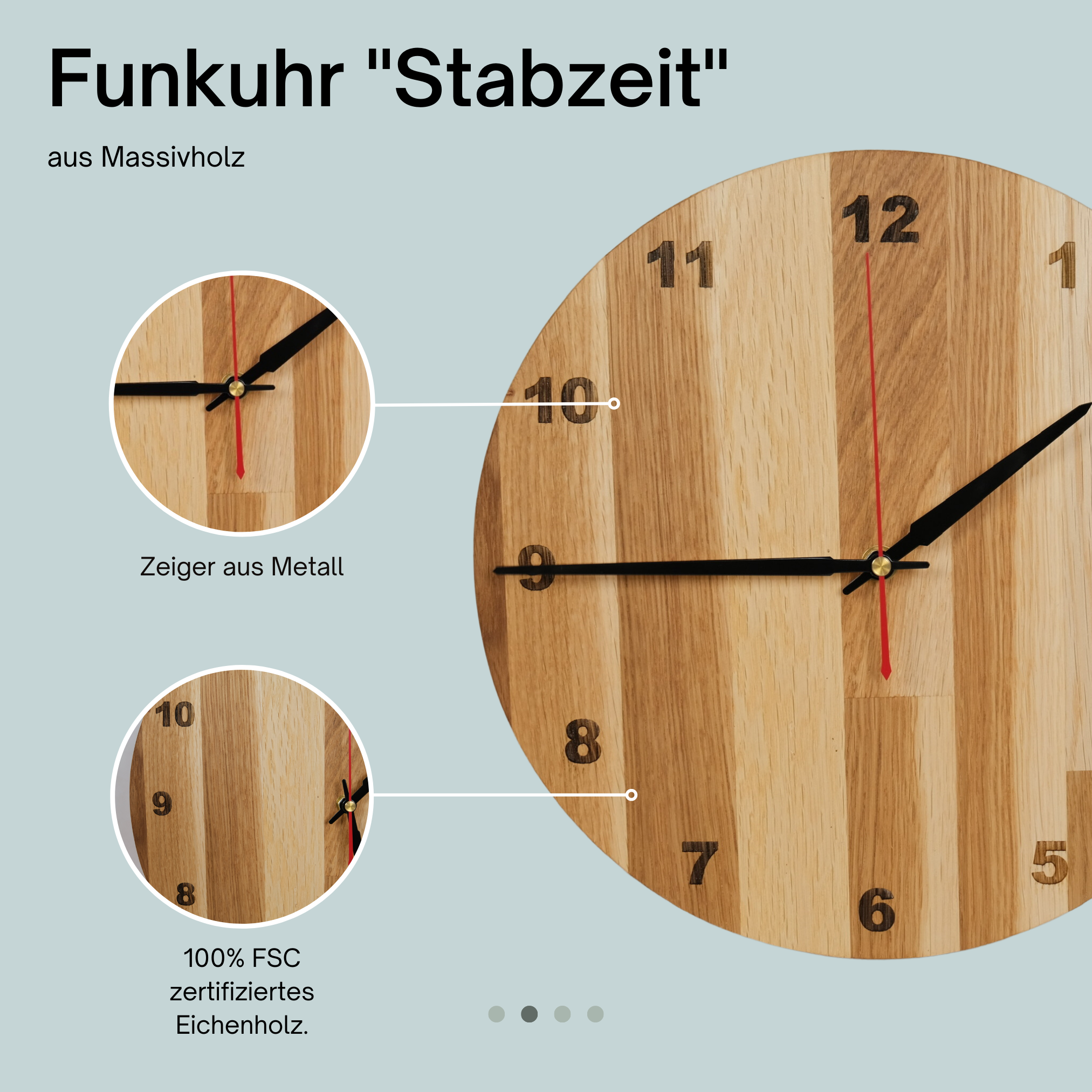 myduct Premium Funk-Wanduhr "Stabzeit" mit Gravur aus Eichenholz Ø 30cm, lautloses Uhrwerk für Wohnzimmer Schlafzimmer Küche