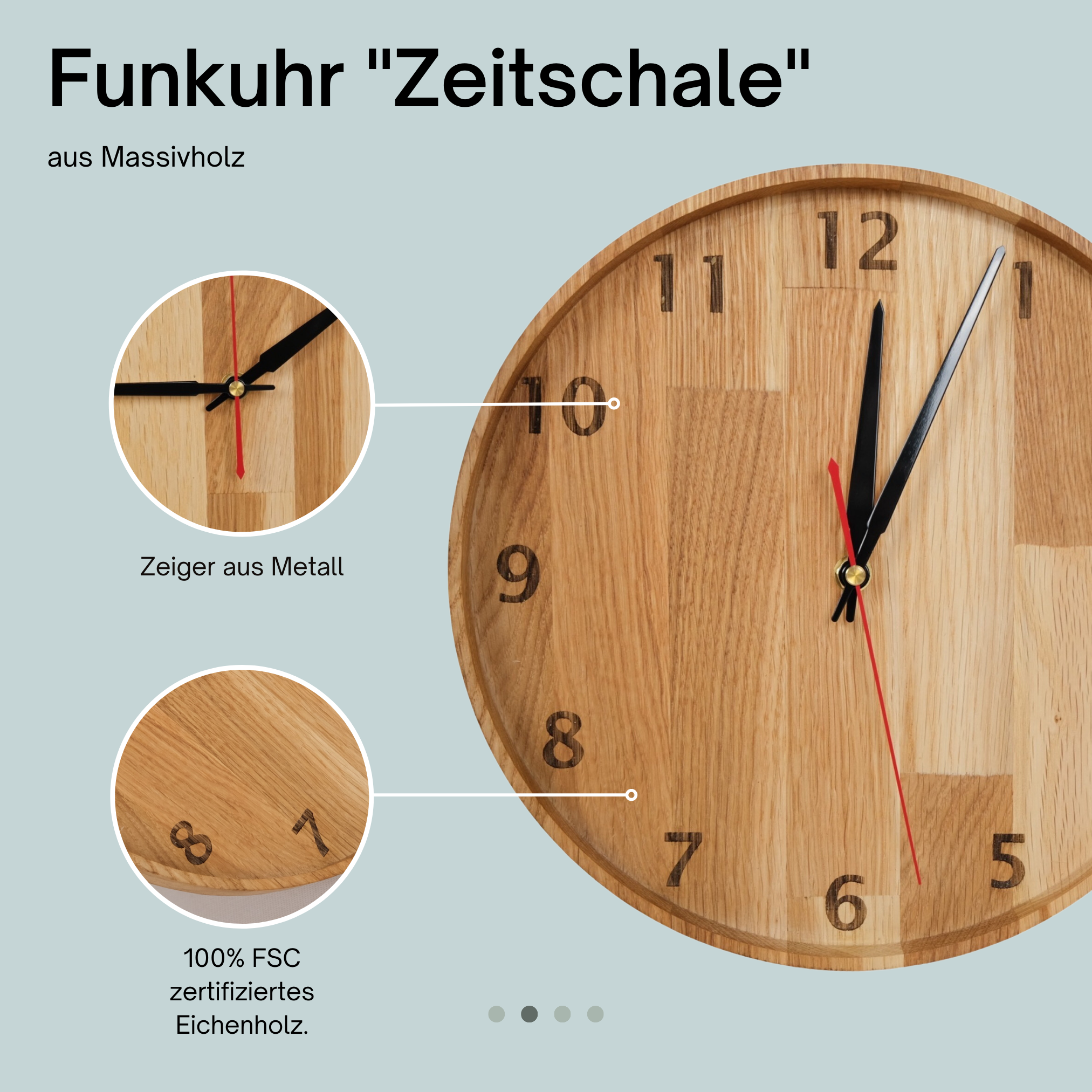 myduct Premium Funk-Wanduhr "Zeitschale" mit Gravur aus Eichenholz Ø 30cm, lautloses Uhrwerk für Wohnzimmer Schlafzimmer Küche
