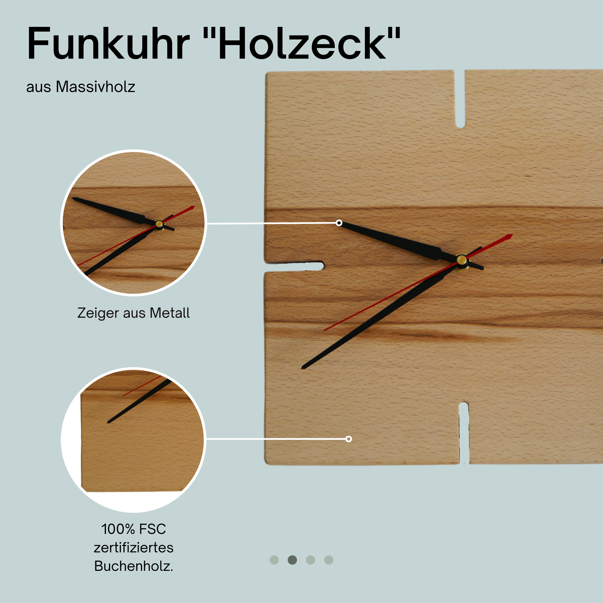 myduct Premium Funk-Wanduhr "Holzeck" aus Buchenholz Ø 30cm, lautloses Uhrwerk für Wohnzimmer Schlafzimmer Küche