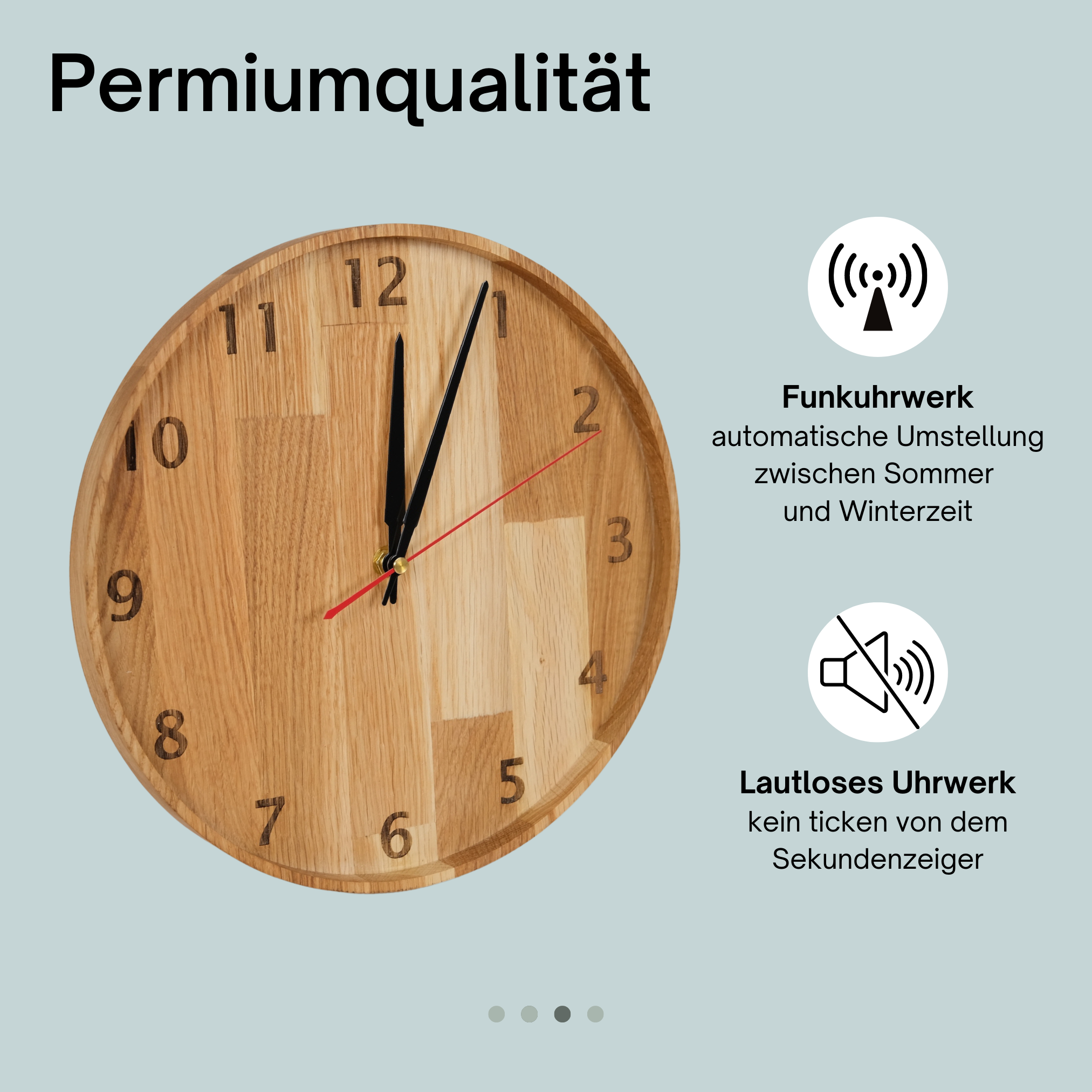 myduct Premium Funk-Wanduhr "Zeitschale" aus Eichenholz Ø 30cm, lautloses Uhrwerk für Wohnzimmer Schlafzimmer Küche
