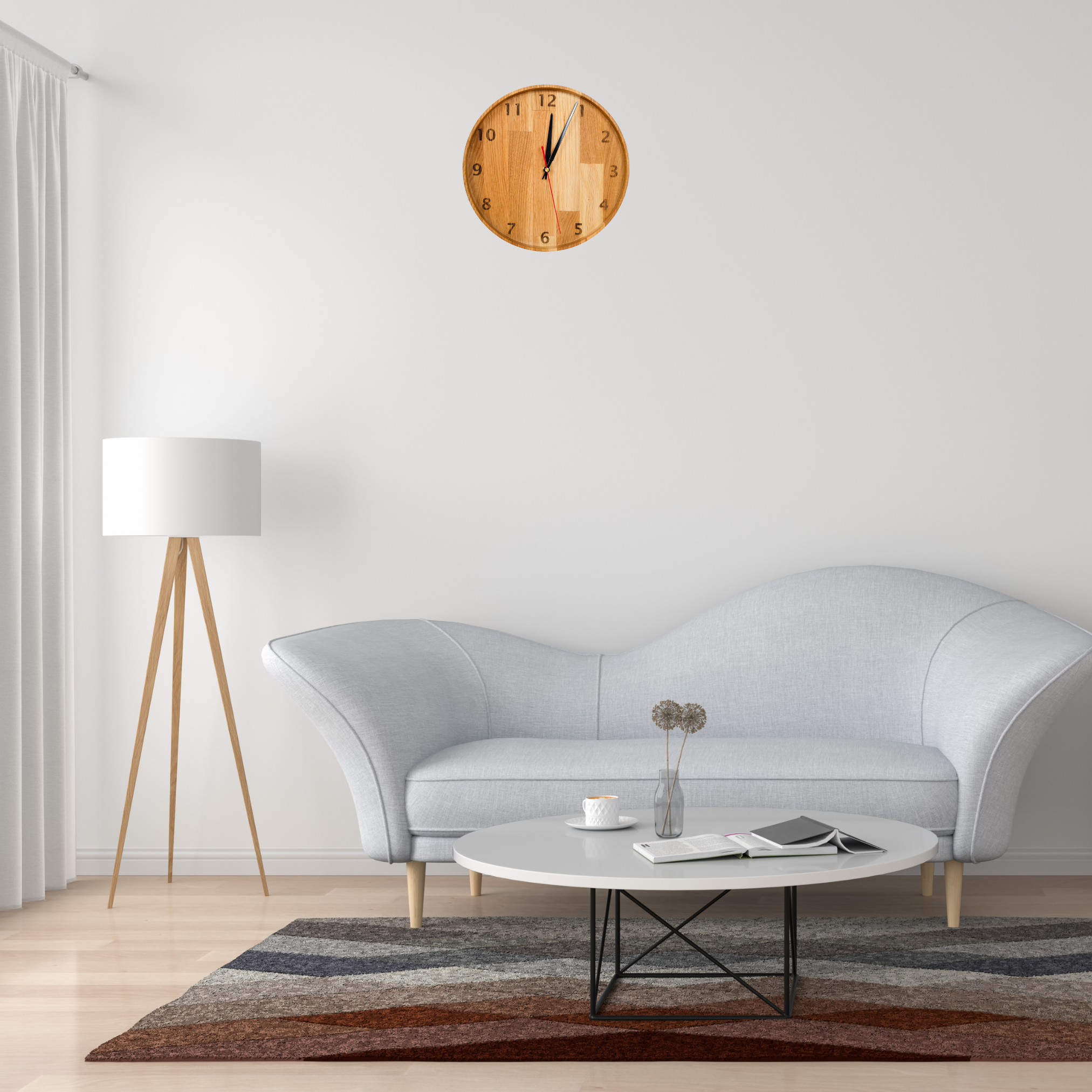 myduct Premium Funk-Wanduhr "Zeitschale" mit Gravur aus Eichenholz Ø 30cm, lautloses Uhrwerk für Wohnzimmer Schlafzimmer Küche