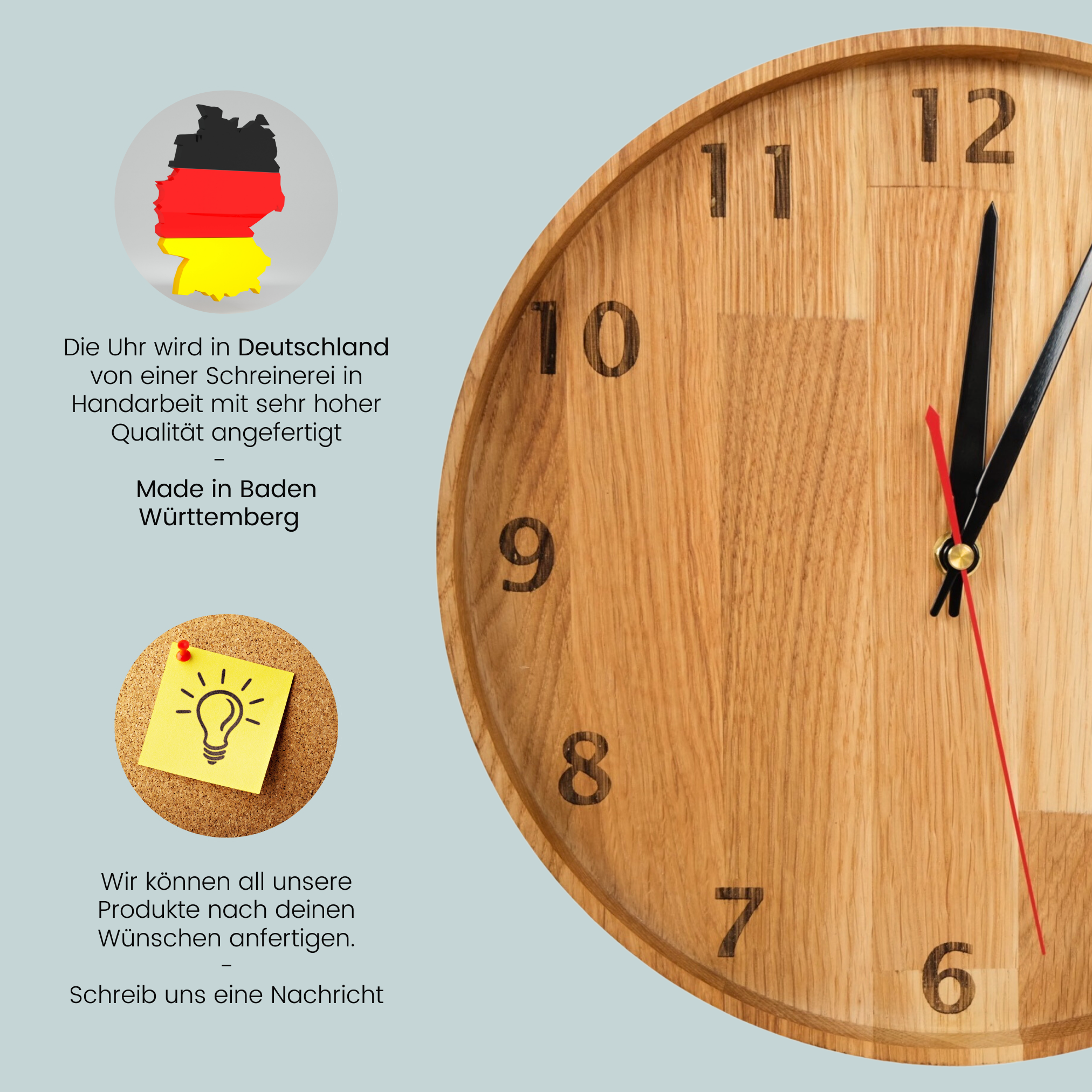 myduct Premium Funk-Wanduhr "Zeitschale" aus Eichenholz Ø 30cm, lautloses Uhrwerk für Wohnzimmer Schlafzimmer Küche