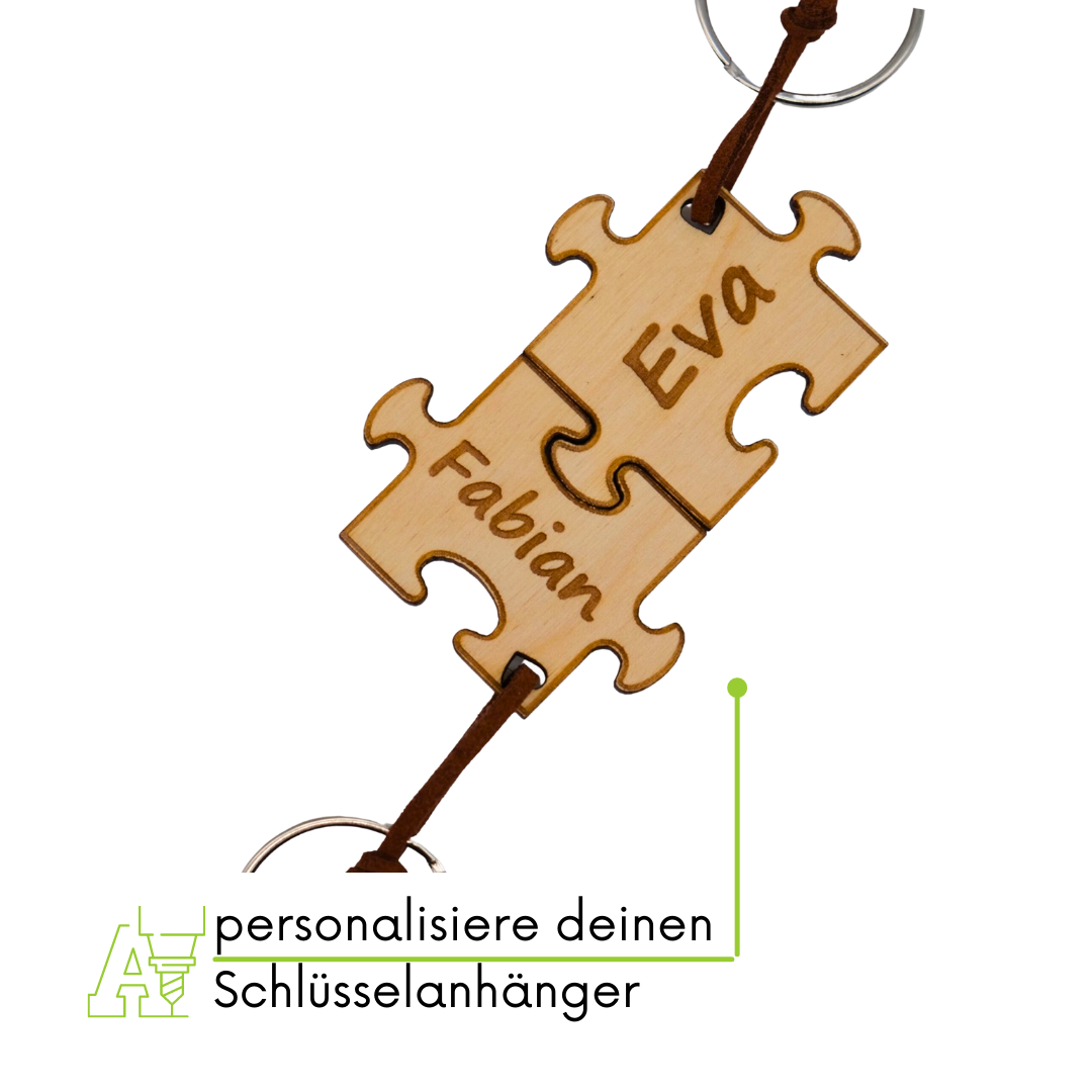 personalisierter Schlüsselanhänger aus Holz mit stabilem Lederband und Schlüsselring (Puzzel)