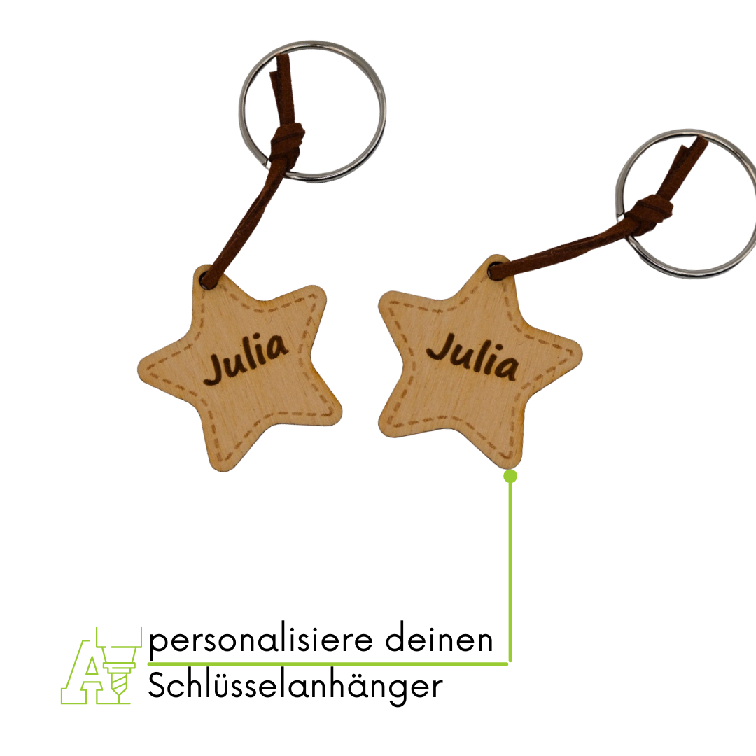 personalisierter Schlüsselanhänger aus Holz mit stabilem Lederband und Schlüsselring (Stern)