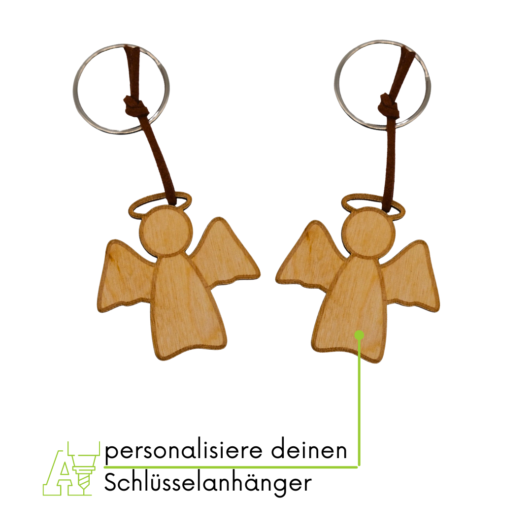 personalisierter Schlüsselanhänger aus Holz mit stabilem Lederband und Schlüsselring (Engel)