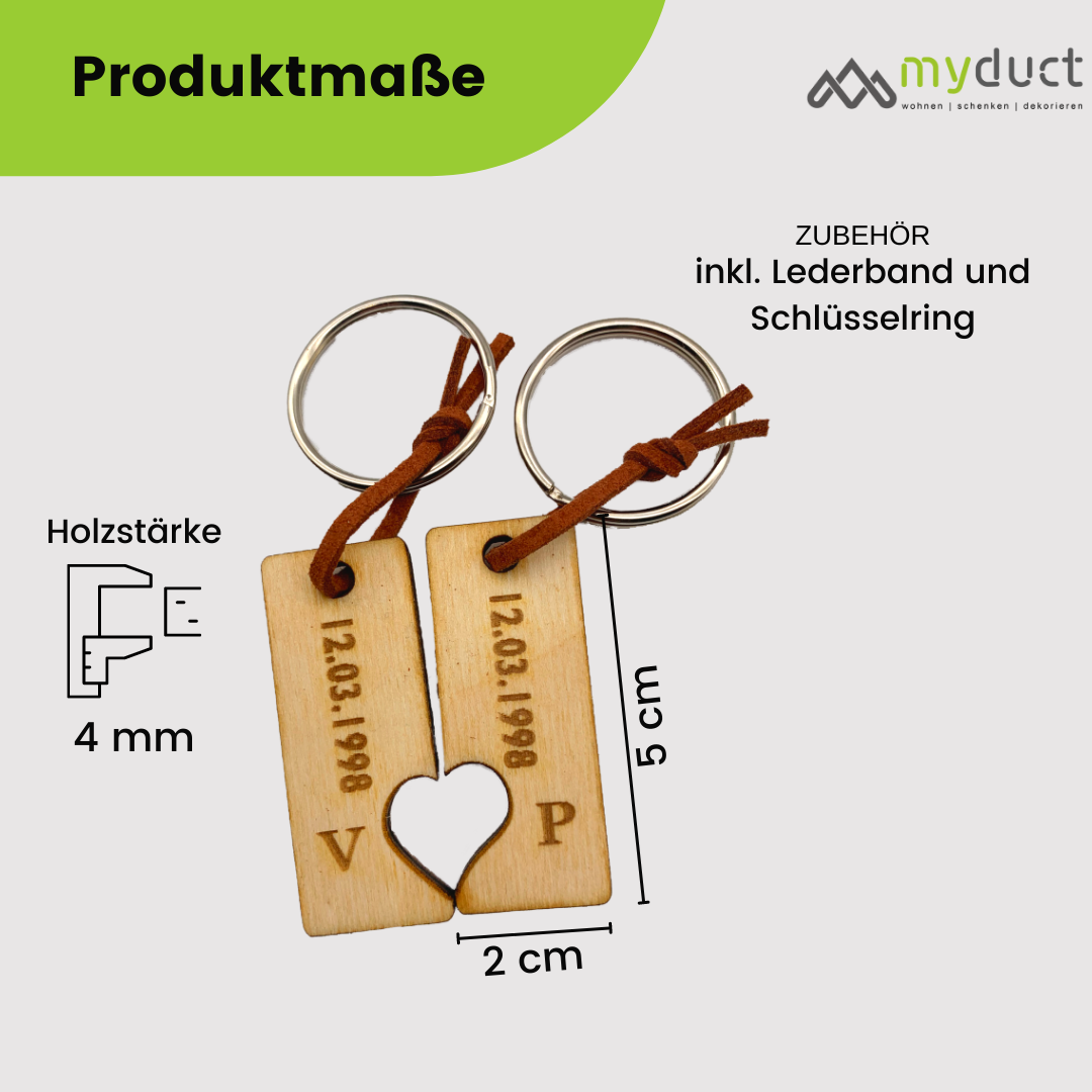 personalisierter Schlüsselanhänger aus Holz mit stabilem Lederband und Schlüsselring (Herz)
