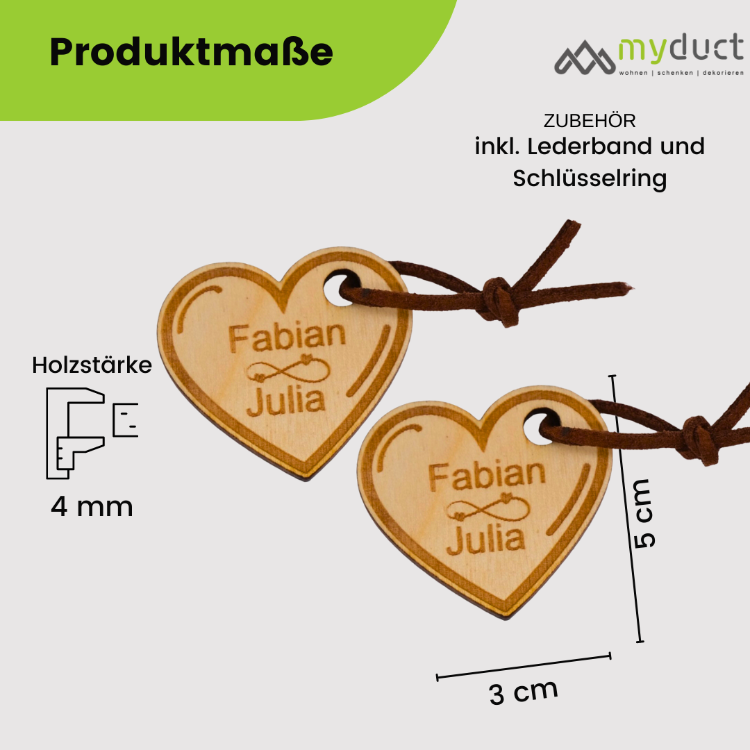 personalisierter Schlüsselanhänger aus Holz mit stabilem Lederband und Schlüsselring (Herz unendliche Liebe)