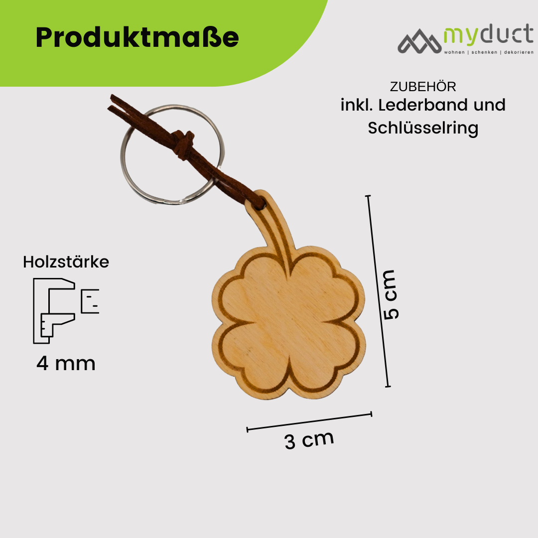 personalisierter Schlüsselanhänger aus Holz mit stabilem Lederband und Schlüsselring (Kleeblatt)