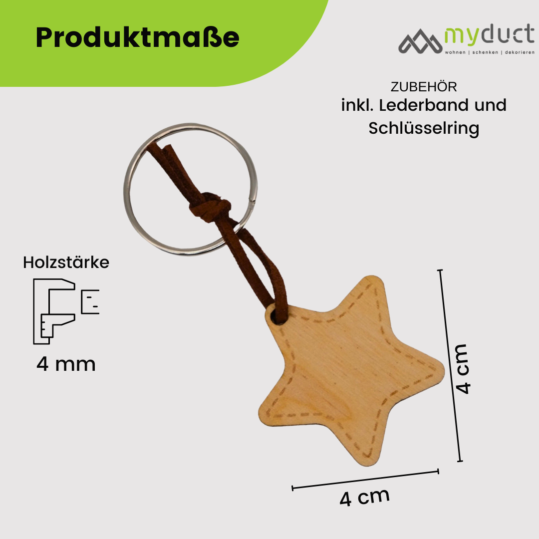 personalisierter Schlüsselanhänger aus Holz mit stabilem Lederband und Schlüsselring (Stern)