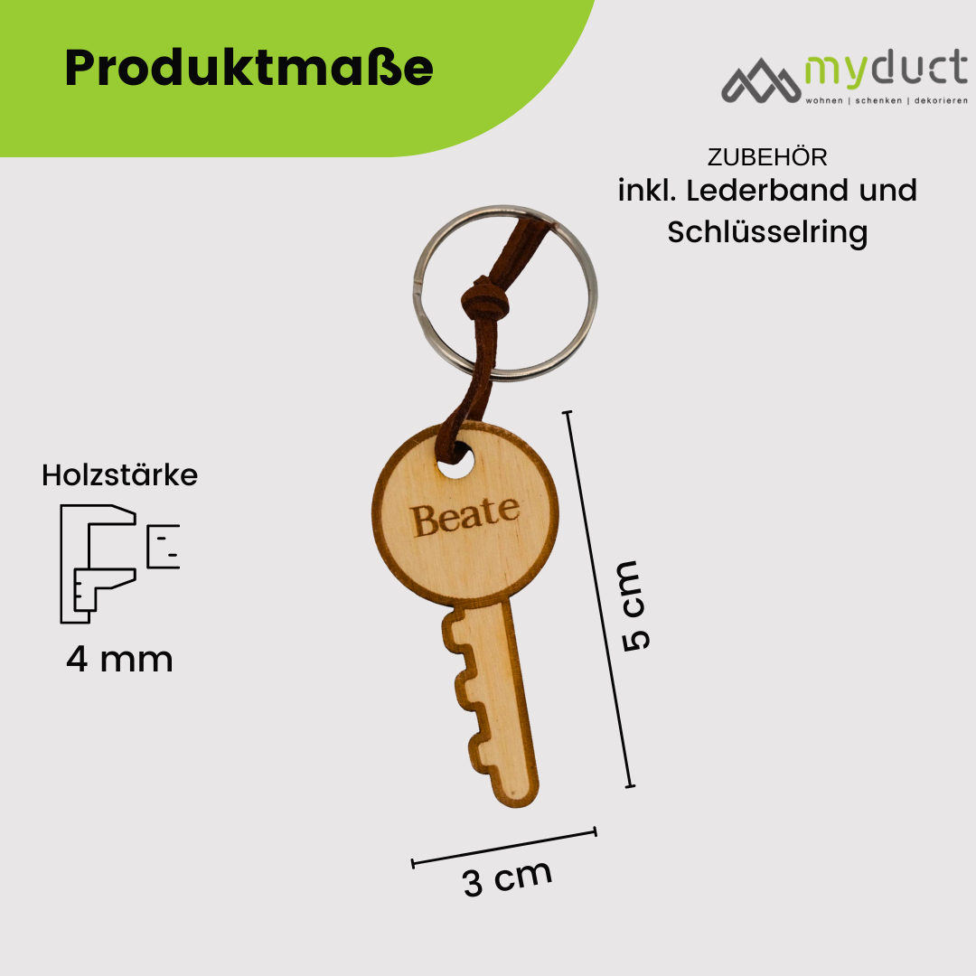 personalisierter Schlüsselanhänger aus Holz mit stabilem Lederband und Schlüsselring (Schlüssel)