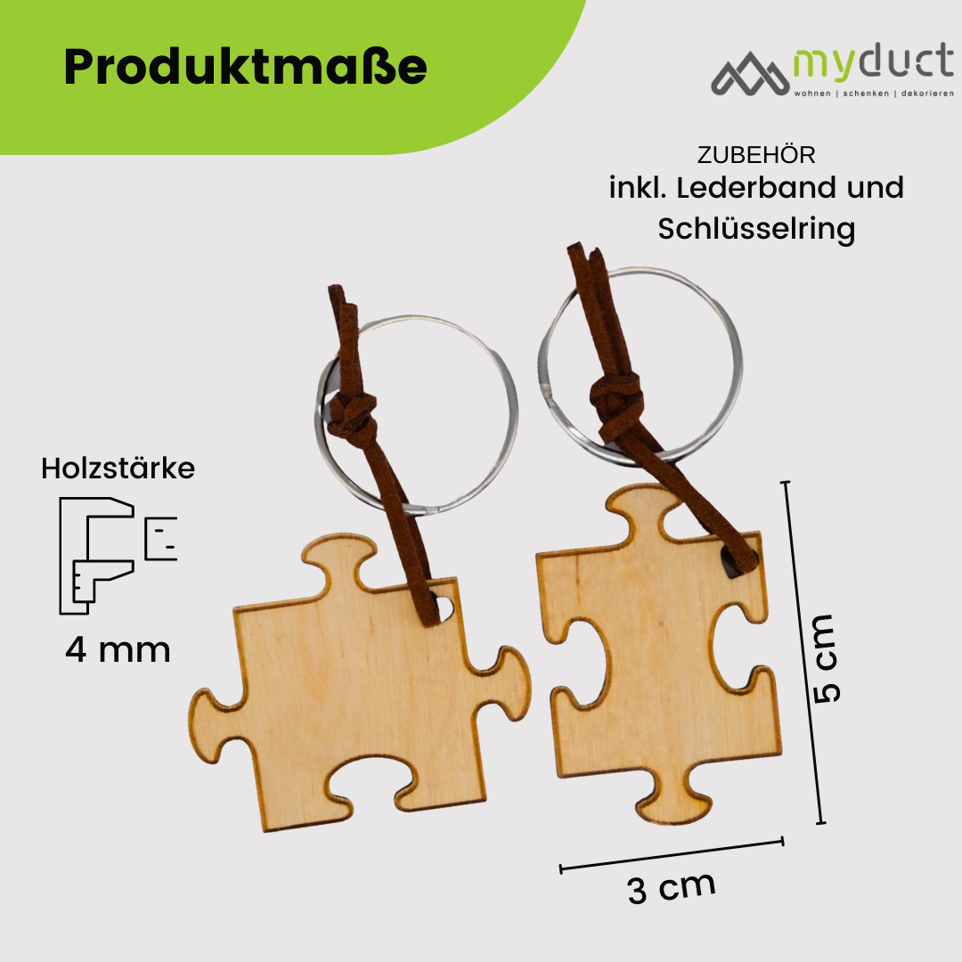 personalisierter Schlüsselanhänger aus Holz mit stabilem Lederband und Schlüsselring (Puzzel)