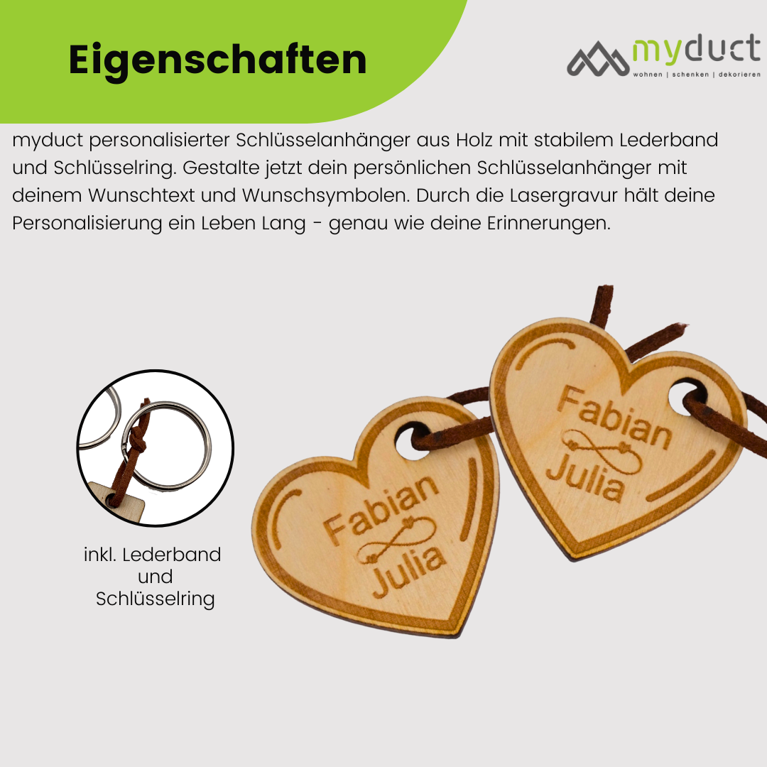 personalisierter Schlüsselanhänger aus Holz mit stabilem Lederband und Schlüsselring (Herz unendliche Liebe)