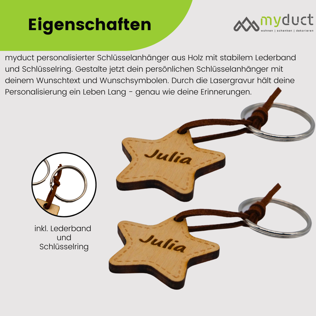 personalisierter Schlüsselanhänger aus Holz mit stabilem Lederband und Schlüsselring (Stern)