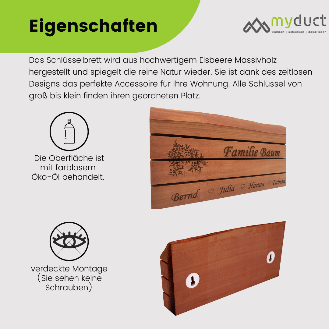 personalisiertes Schlüsselbrett aus Elsbeere 3-Schlitze