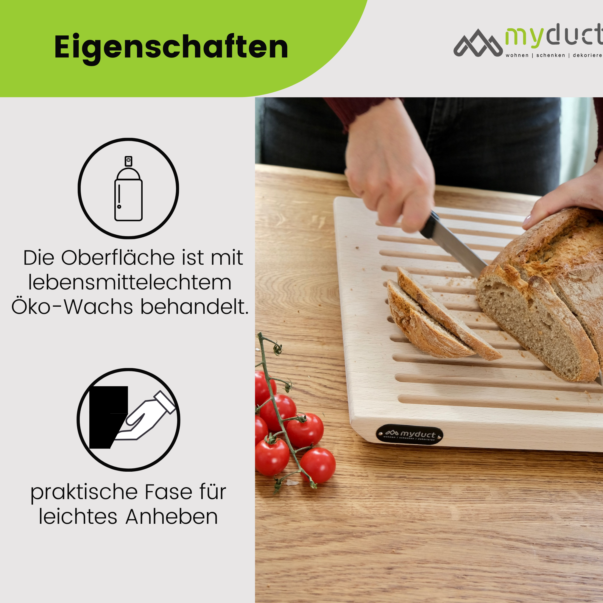 Brotschneidebrett mit Gravur aus Buche mit Krümmelrost 40 x 30cm mit Griffmulde