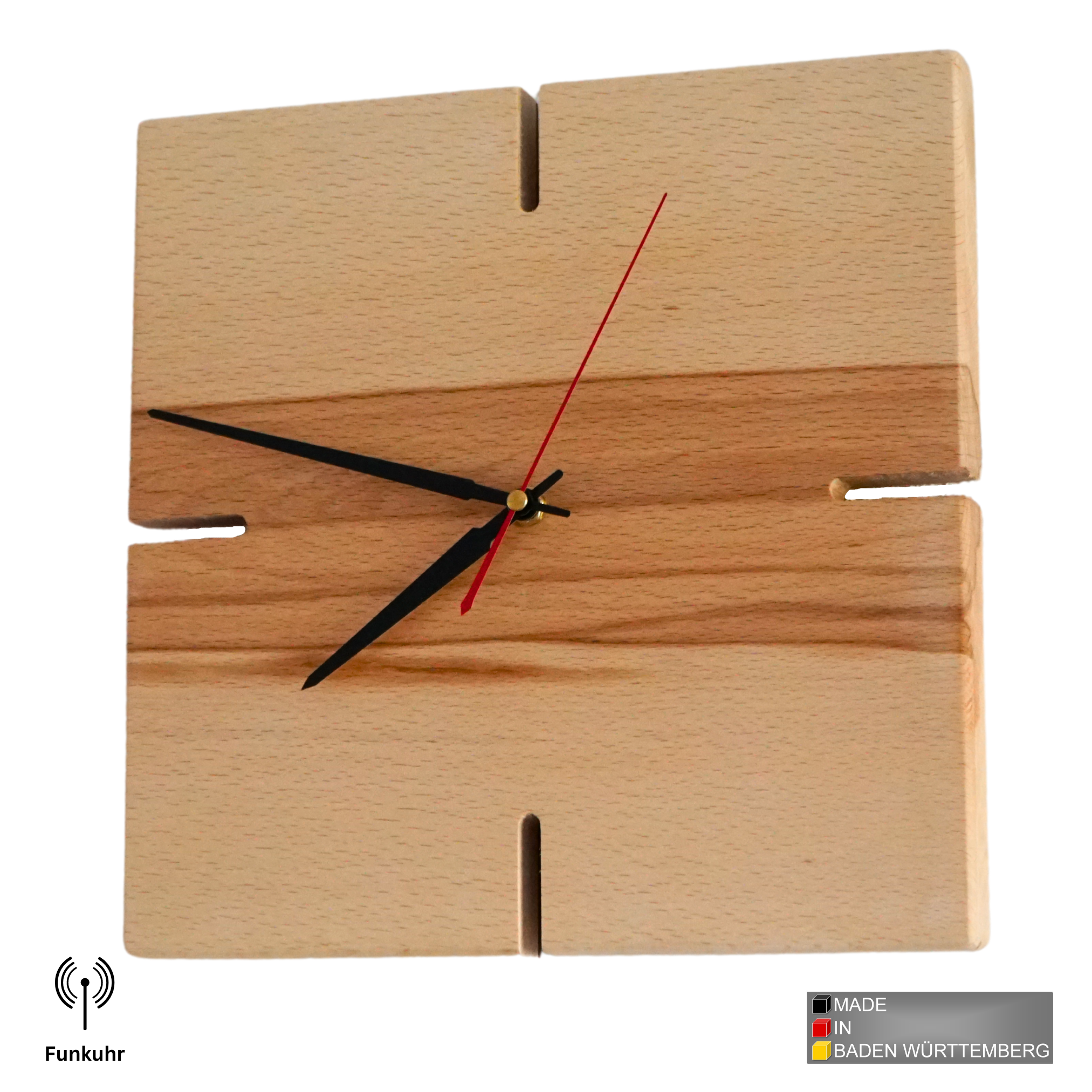 myduct Premium Funk-Wanduhr "Holzeck" aus Buchenholz Ø 30cm, lautloses Uhrwerk für Wohnzimmer Schlafzimmer Küche