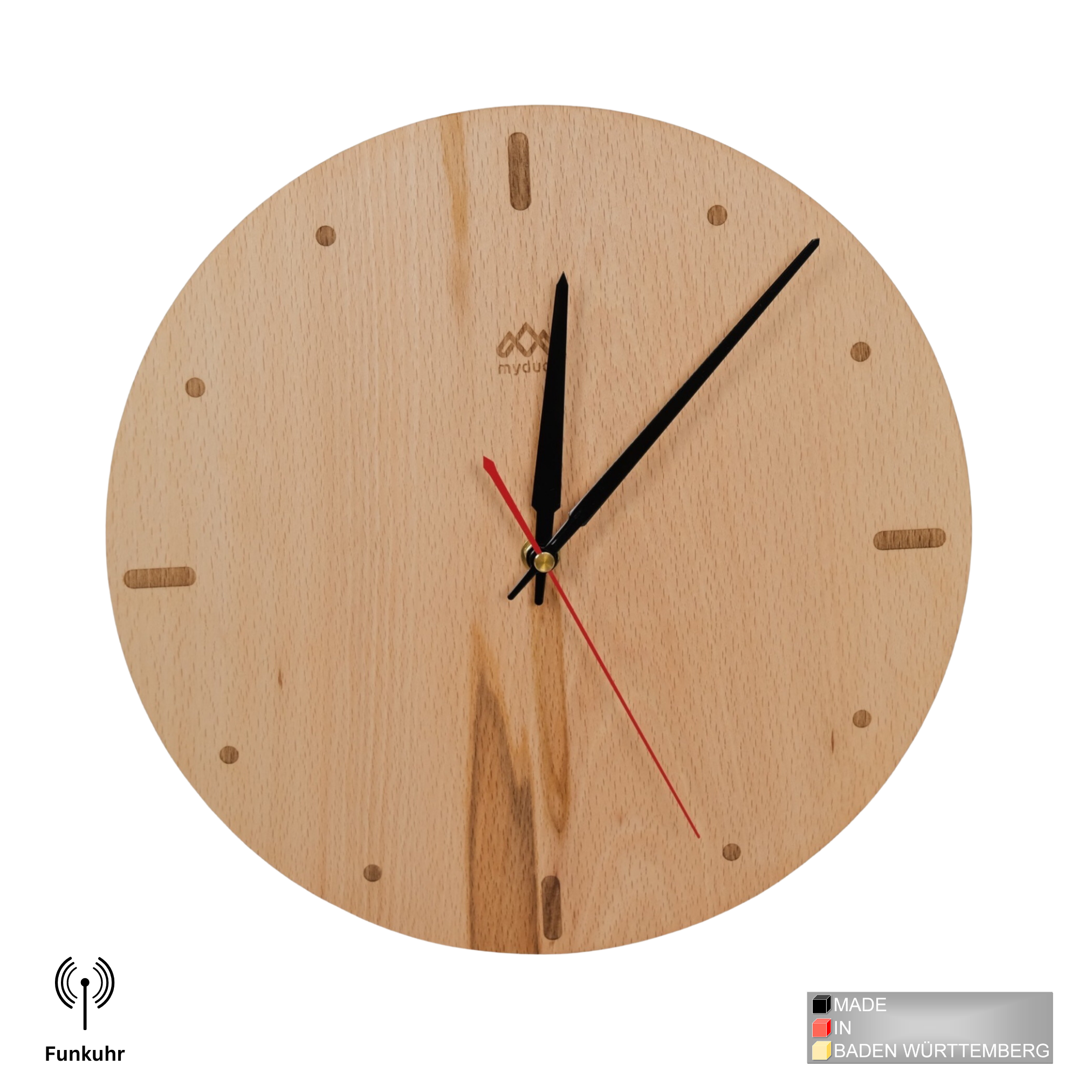 myduct Premium Funk-Wanduhr "Rundzeit" mit Gravur aus Buchenholz Ø 30cm, lautloses Uhrwerk für Wohnzimmer Schlafzimmer Küche