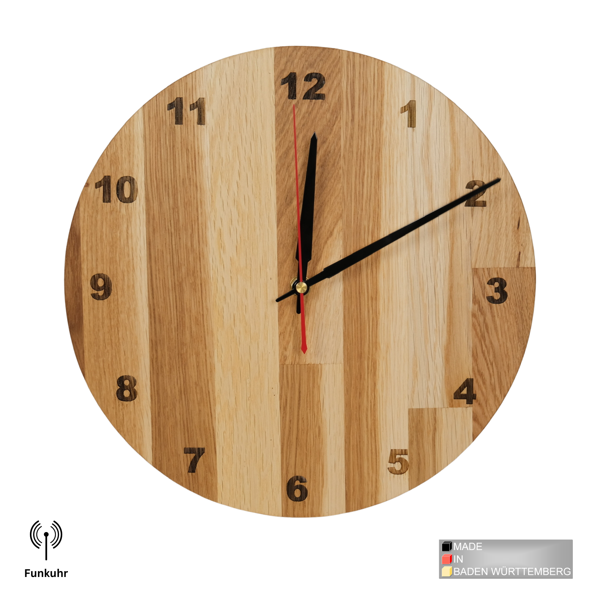 myduct Premium Funk-Wanduhr "Stabzeit" aus Eichenholz Ø 30cm, lautloses Uhrwerk für Wohnzimmer Schlafzimmer Küche