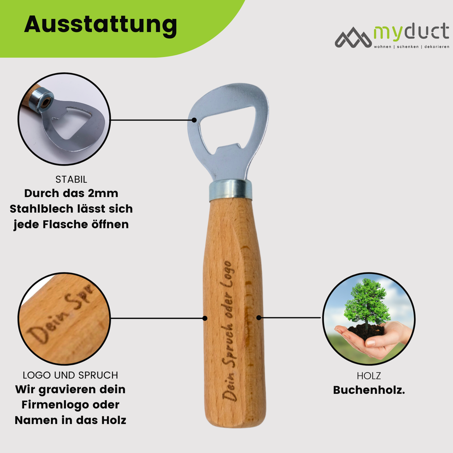 stabiler Flaschenöffner aus Massivholz mit Gravur, mit deinem Firmenlogo, Name