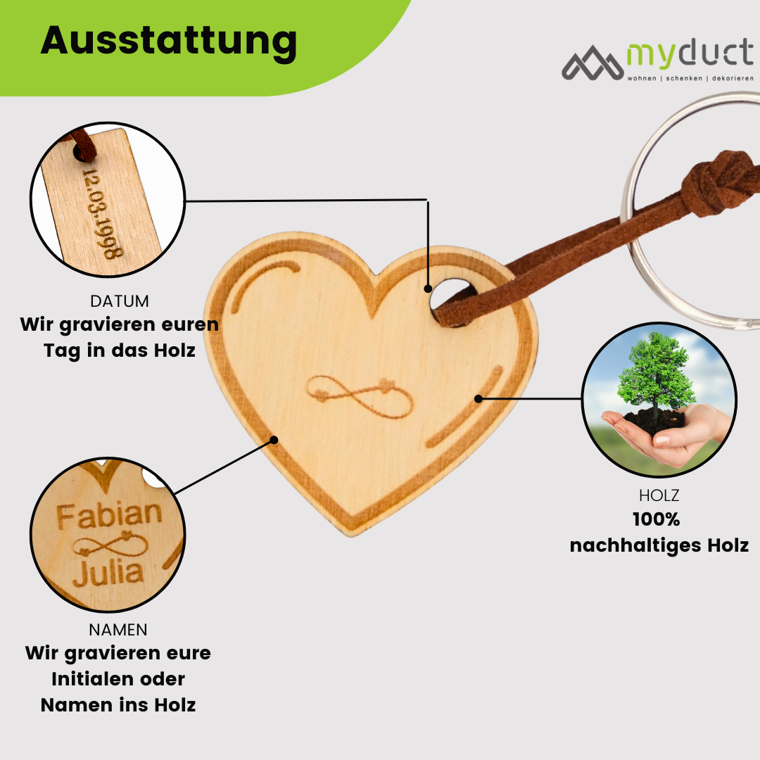 personalisierter Schlüsselanhänger aus Holz mit stabilem Lederband und Schlüsselring (Herz unendliche Liebe)