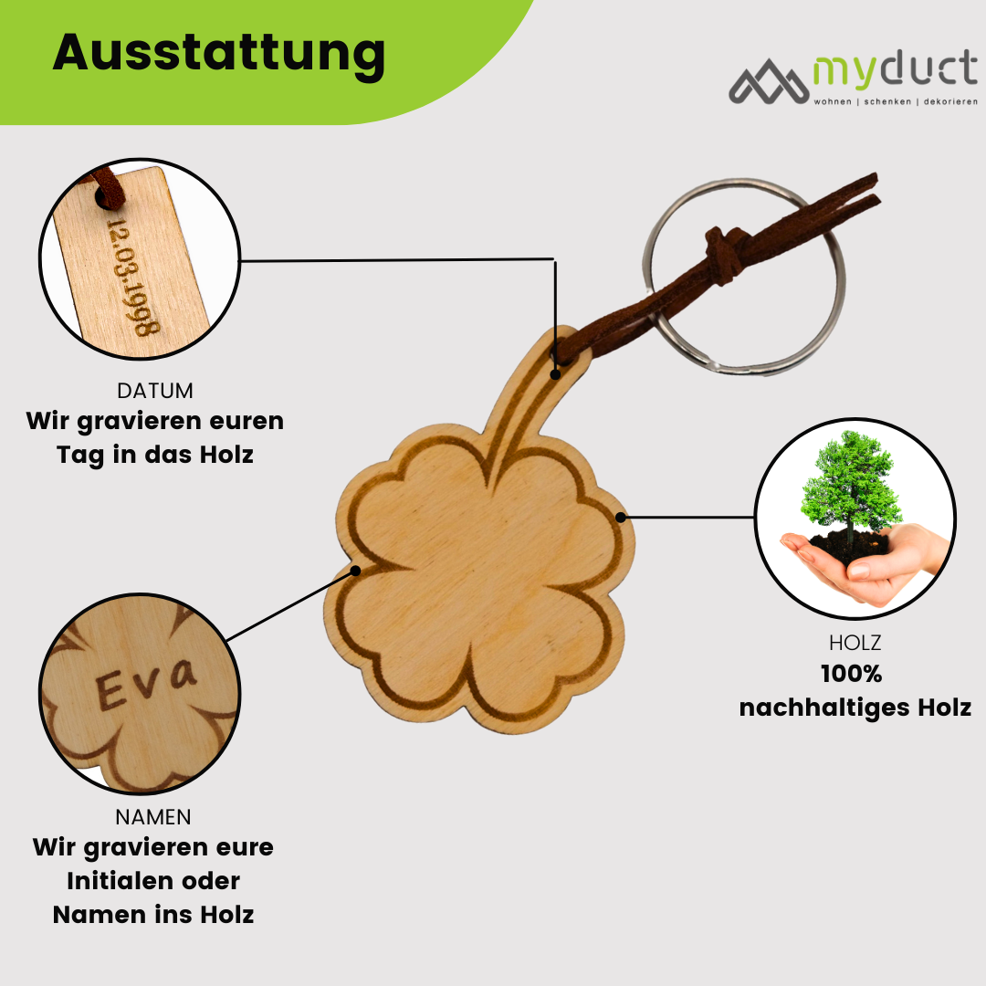 personalisierter Schlüsselanhänger aus Holz mit stabilem Lederband und Schlüsselring (Kleeblatt)