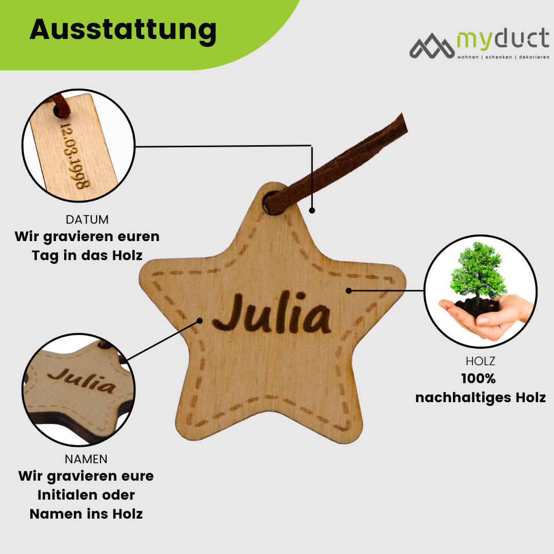 personalisierter Schlüsselanhänger aus Holz mit stabilem Lederband und Schlüsselring (Stern)