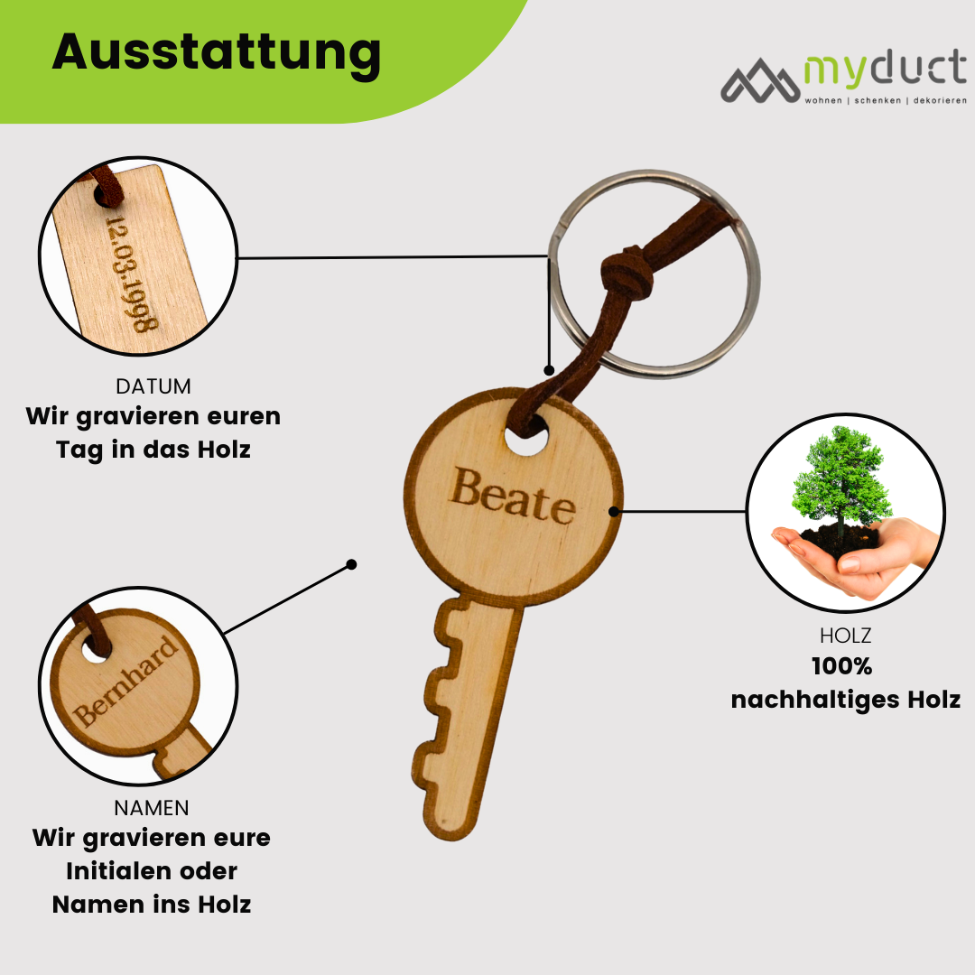 personalisierter Schlüsselanhänger aus Holz mit stabilem Lederband und Schlüsselring (Schlüssel)