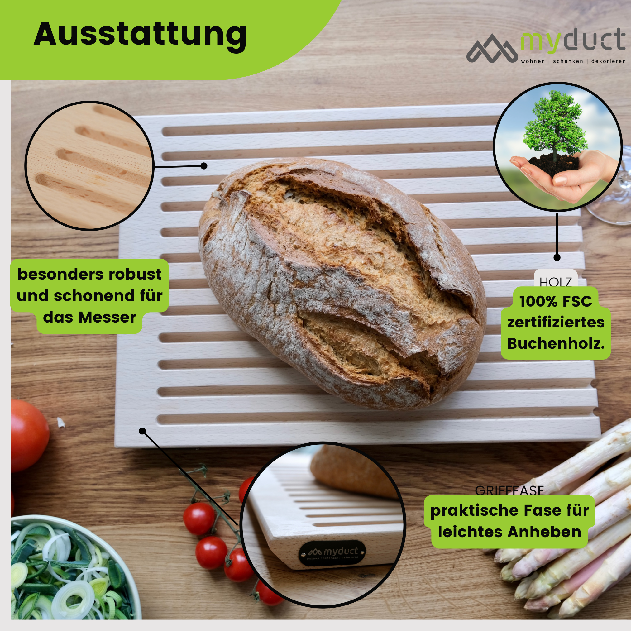 Brotschneidebrett mit Gravur aus Buche mit Krümmelrost 40 x 30cm mit Griffmulde