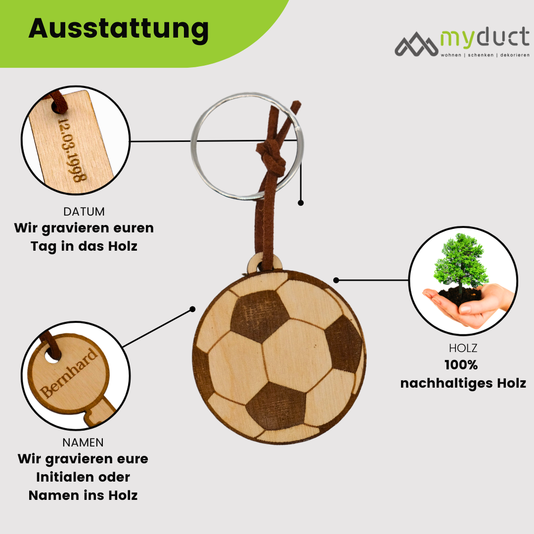 personalisierter Schlüsselanhänger aus Holz mit stabilem Lederband und Schlüsselring (Fußball)