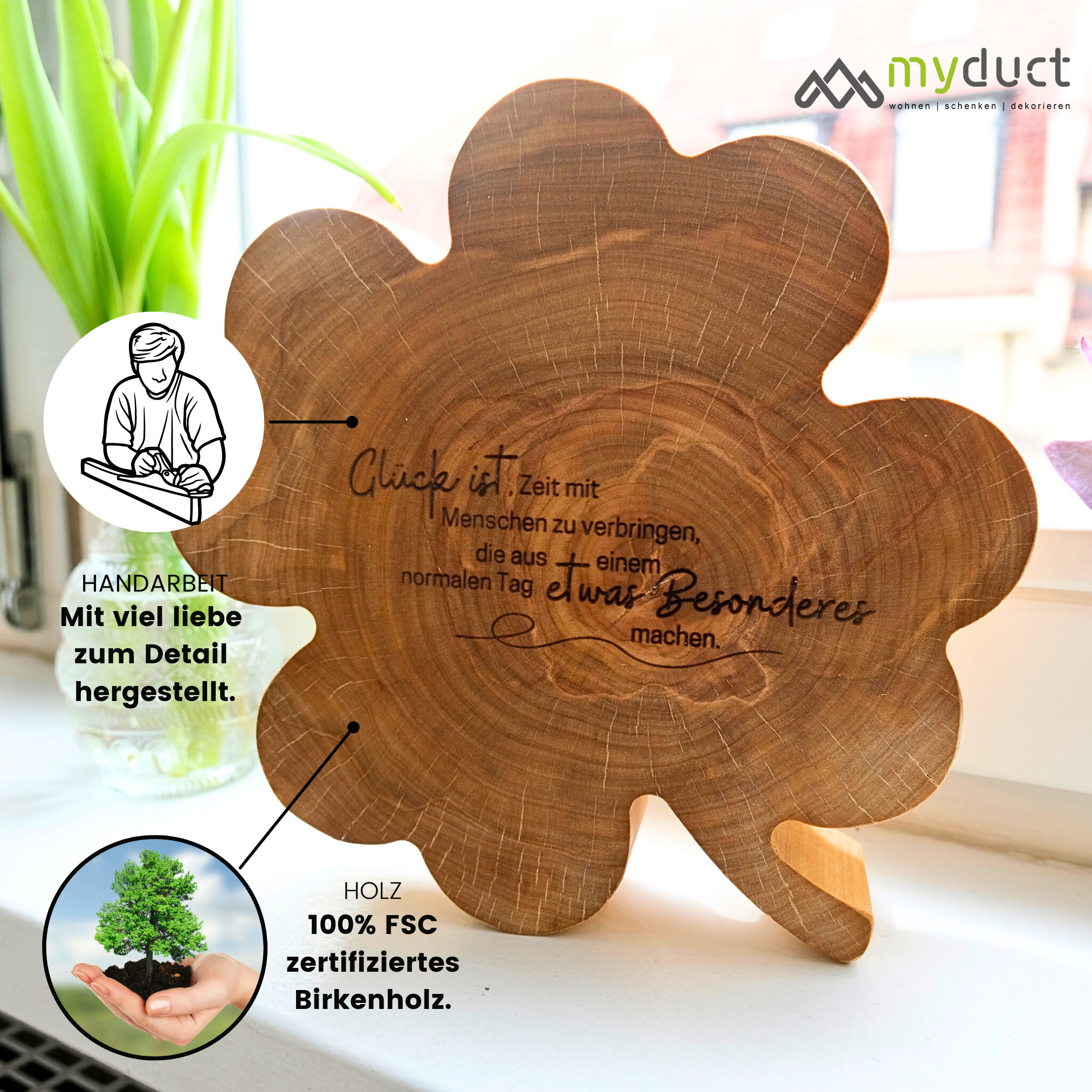 Holzkleeblatt mit personalisierter Gravur aus Birkenstamm 20cm groß als Geschenk und Glücksbringer