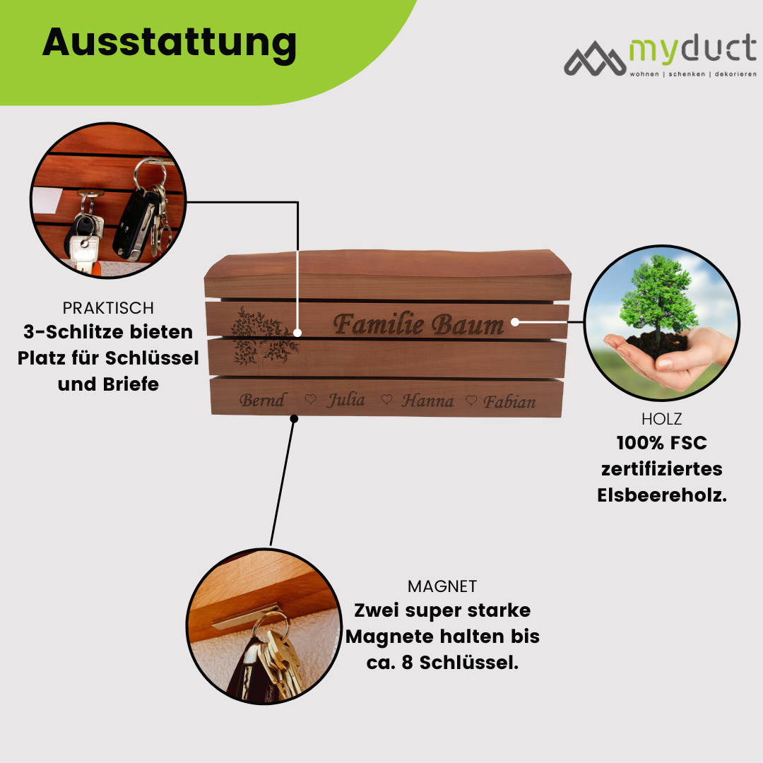 personalisiertes Schlüsselbrett aus Elsbeere 3-Schlitze
