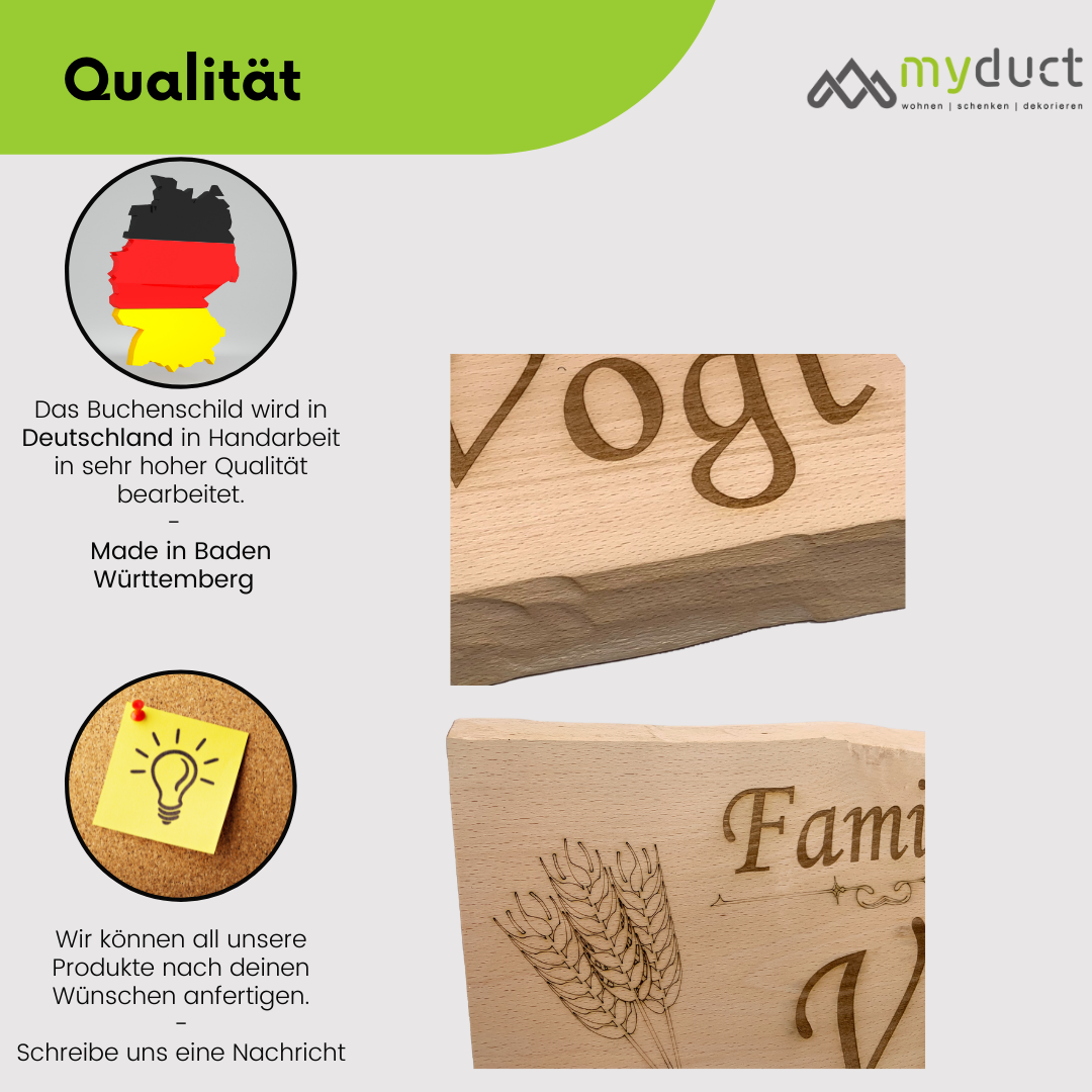 personalisiertes Türschilder aus Buchenholz mit Baumkante