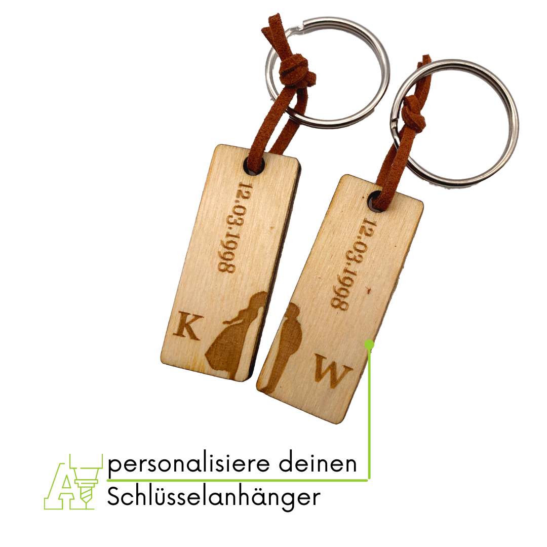 personalisierter Schlüsselanhänger aus Holz mit stabilem Lederband und Schlüsselring (Paar 2)