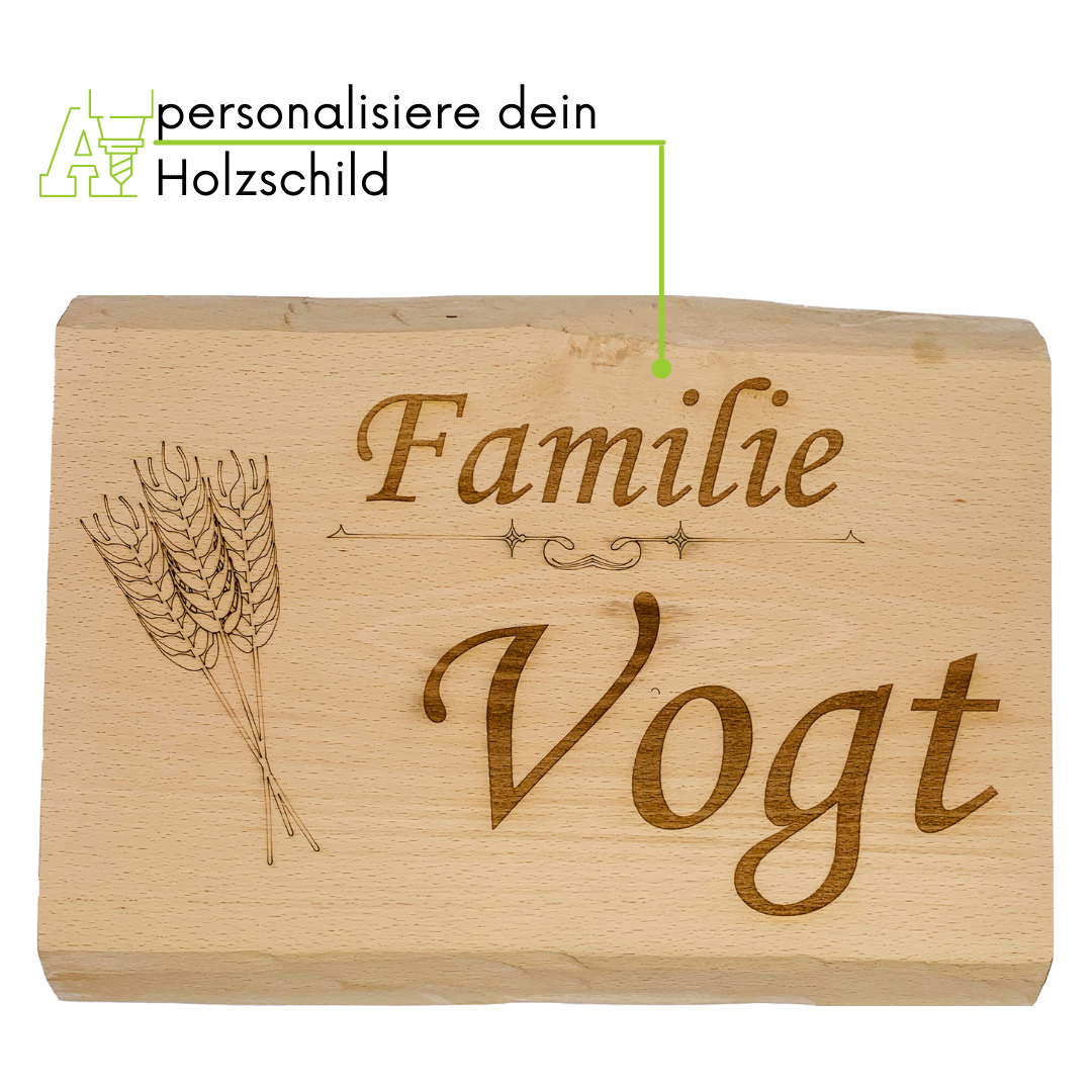 personalisiertes Türschilder aus Buchenholz mit Baumkante