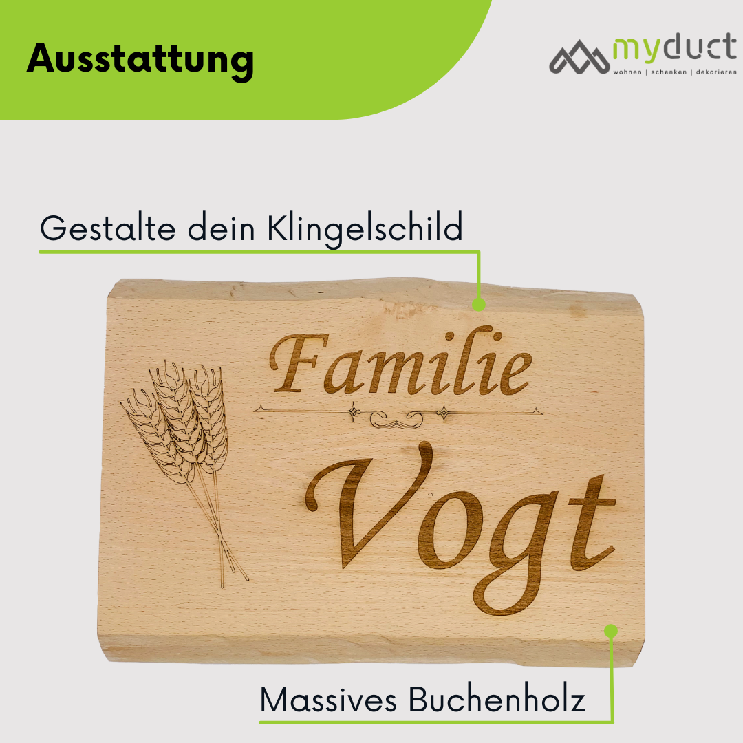 personalisiertes Türschilder aus Buchenholz mit Baumkante