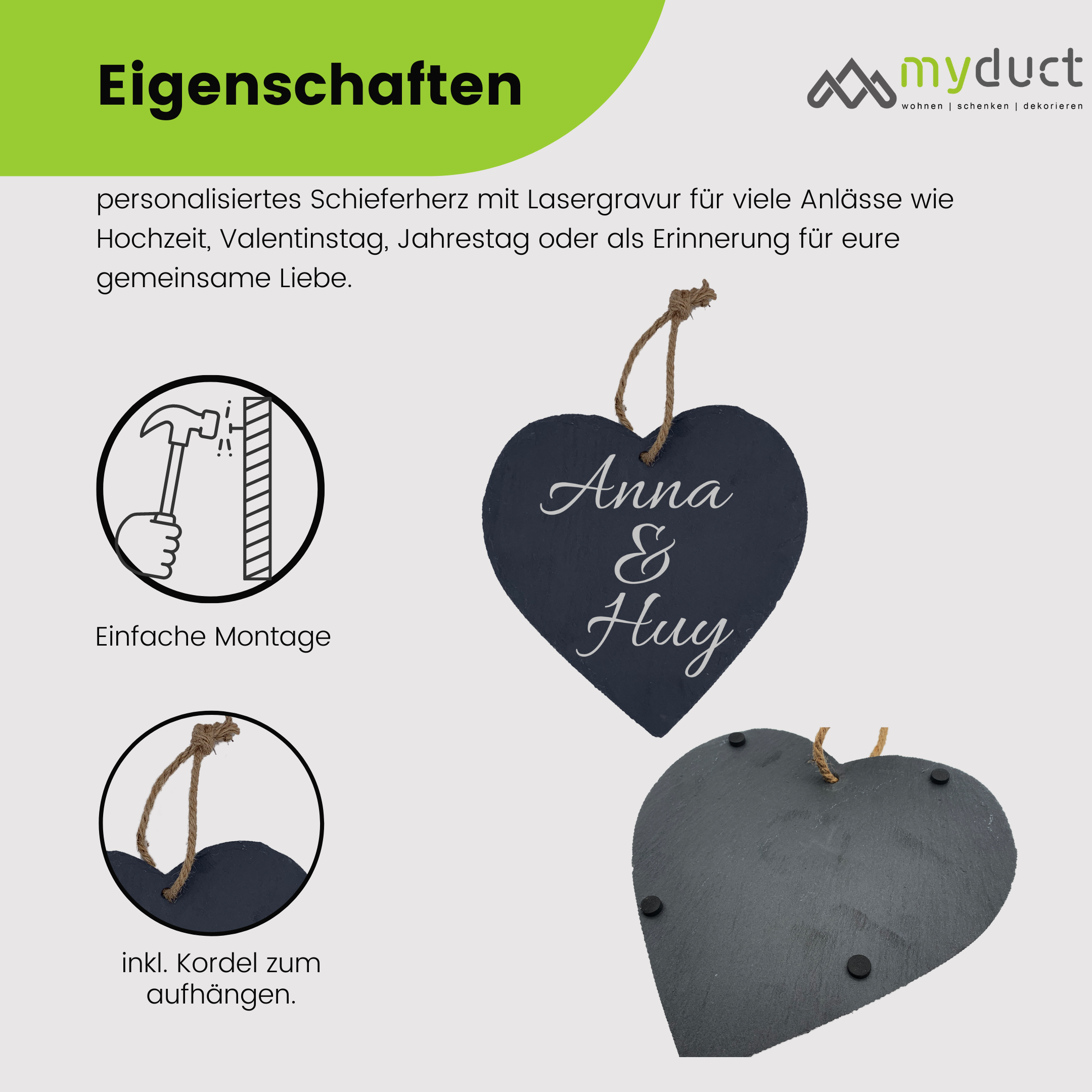 personalisiertes Schieferherz mit stabiler Kordel