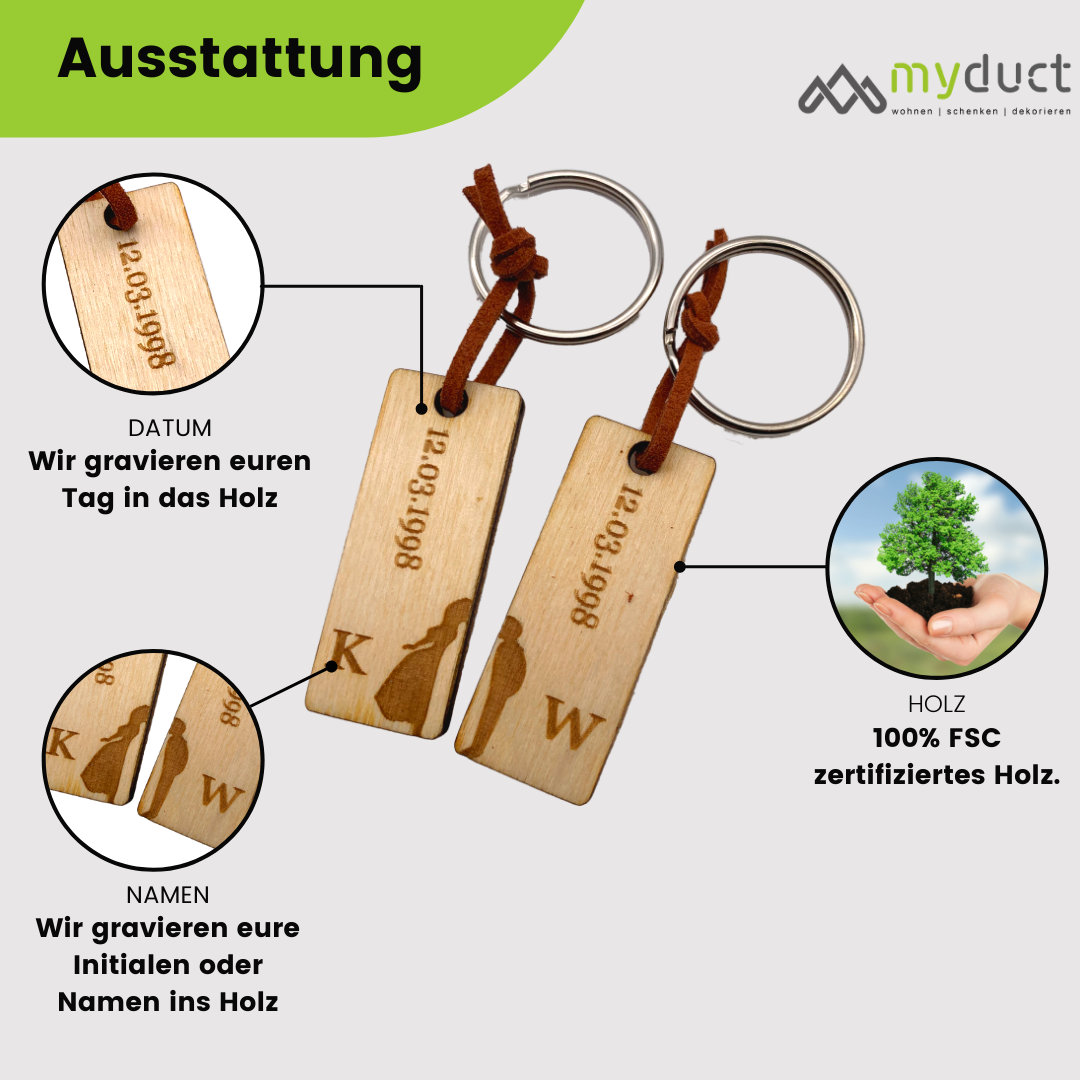personalisierter Schlüsselanhänger aus Holz mit stabilem Lederband und Schlüsselring (Paar 2)