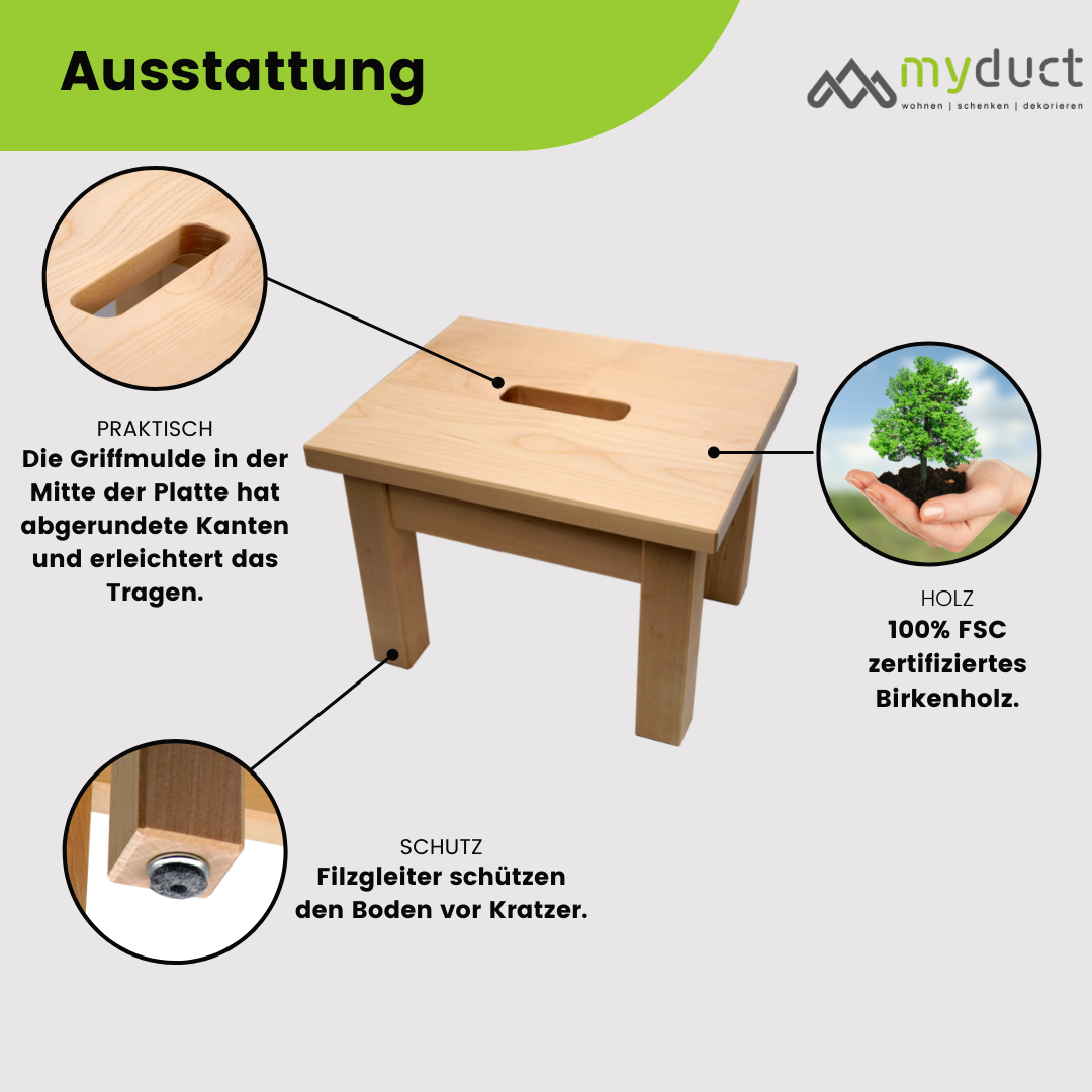 Schemel / Holzhocker aus massivem Birkenholz mit Griffmulde