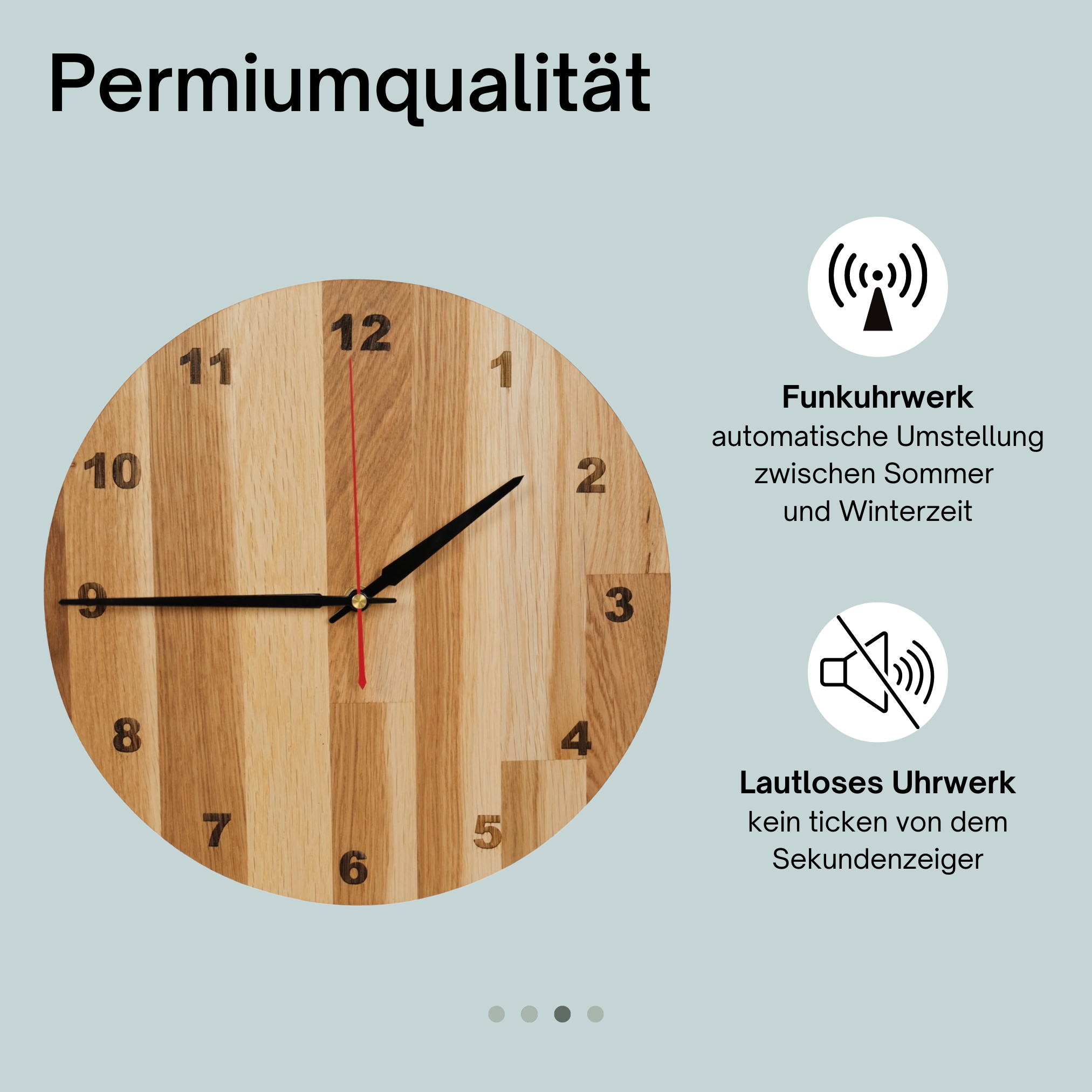 myduct Premium Funk-Wanduhr "Stabzeit" mit Gravur aus Eichenholz Ø 30cm, lautloses Uhrwerk für Wohnzimmer Schlafzimmer Küche
