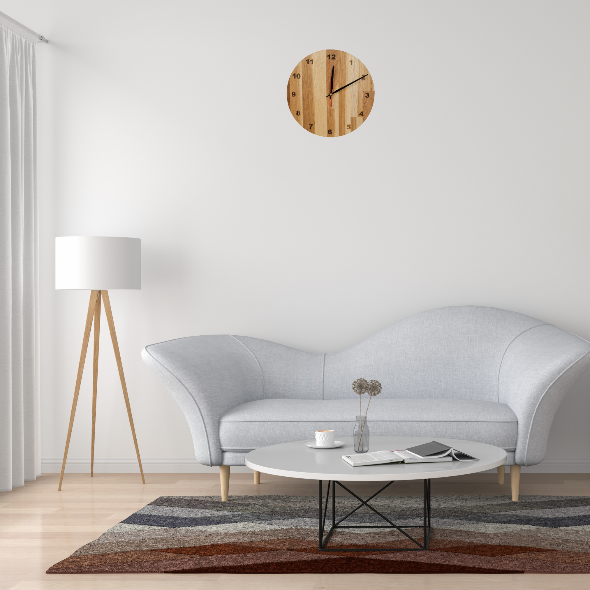 myduct Premium Funk-Wanduhr "Stabzeit" mit Gravur aus Eichenholz Ø 30cm, lautloses Uhrwerk für Wohnzimmer Schlafzimmer Küche