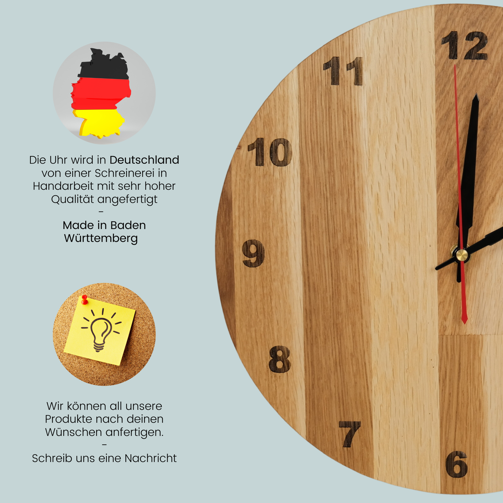 myduct Premium Funk-Wanduhr "Stabzeit" mit Gravur aus Eichenholz Ø 30cm, lautloses Uhrwerk für Wohnzimmer Schlafzimmer Küche